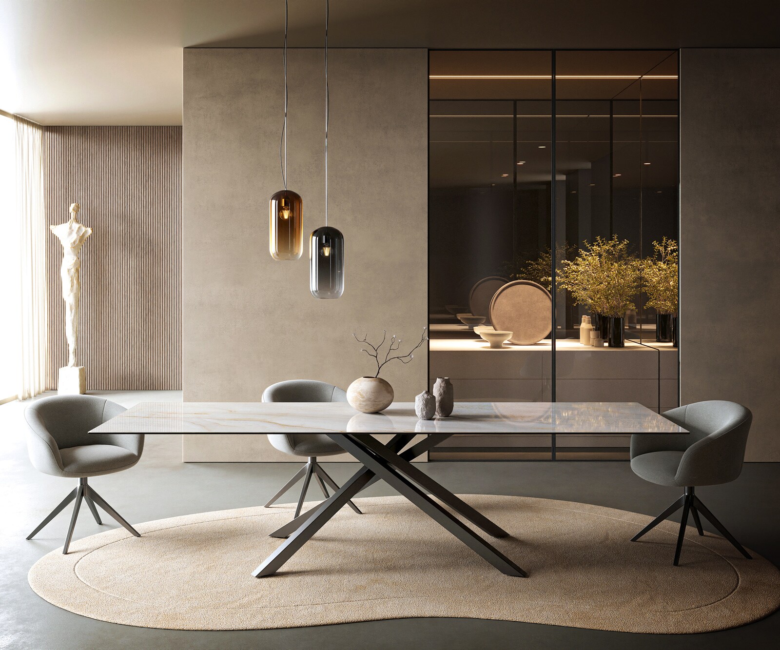 Table à manger Edge 300x100 cm céramique Onyx Pearl piètement croisé rectangulaire inox graphite 1