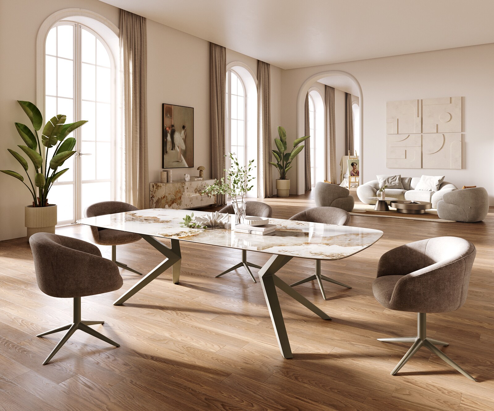 Esstisch Edge Boot 260x120 cm Keramik Minas Melange Weiß-Beige Zenthara kantig Metall Effektfinish Titan 5