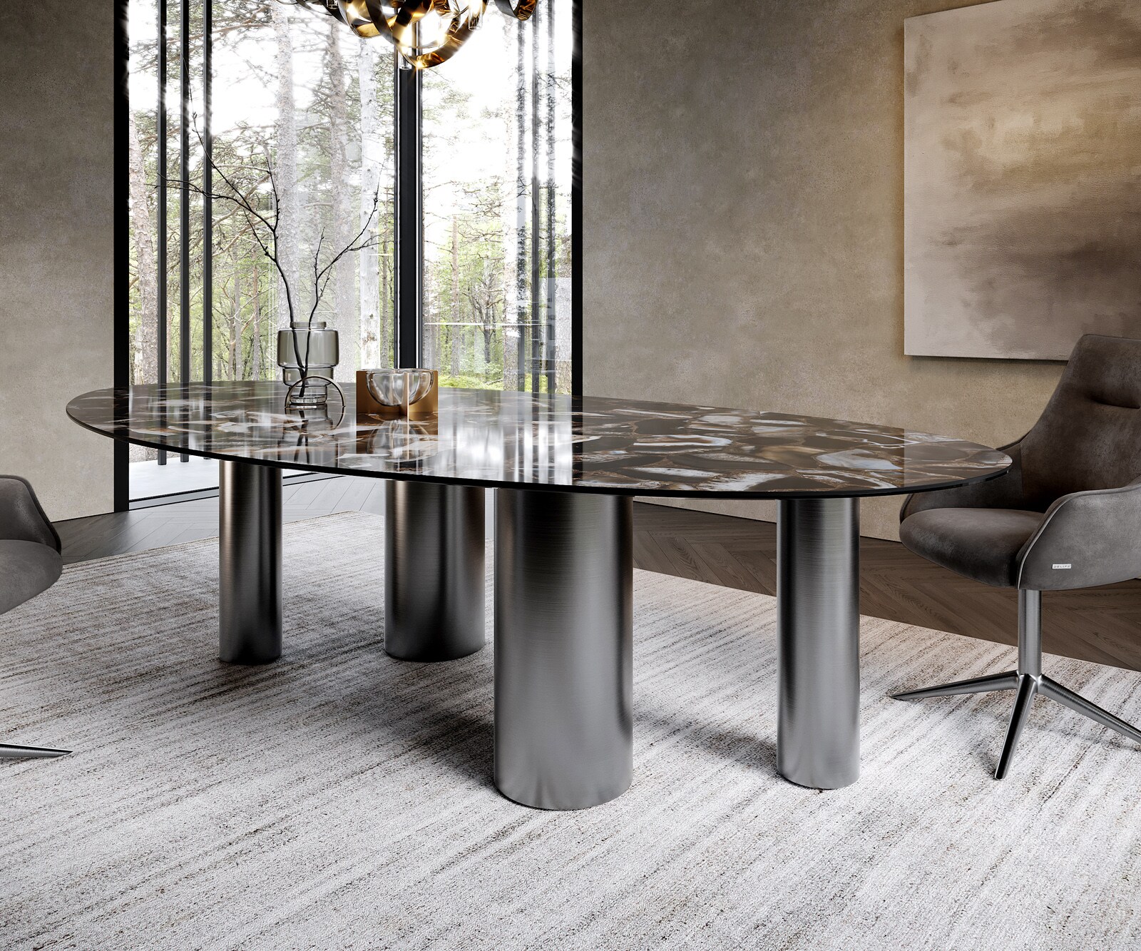 Esstisch Edge Oval 280x130 Keramik Iris FMG Agatablack Pilier Edelstahl Graphit 6