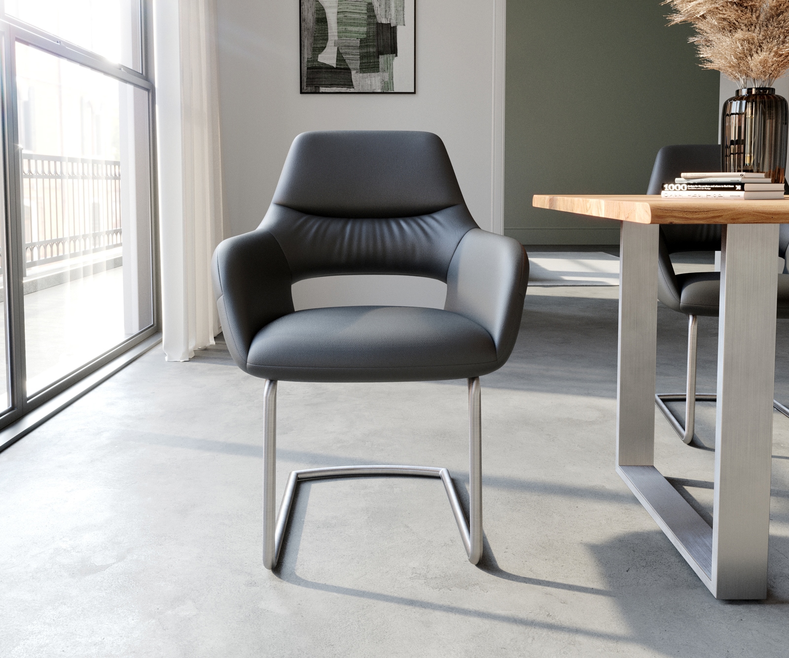 Freischwinger Yago-Flex mit Armlehnen Echt-Leder Schwarz Freischwinger rund Edelstahl Taschenfederkern 1 Freischwinger Yago-Flex mit Armlehnen Echt-Leder Schwarz Freischwinger rund Edelstahl Taschenfederkern 1