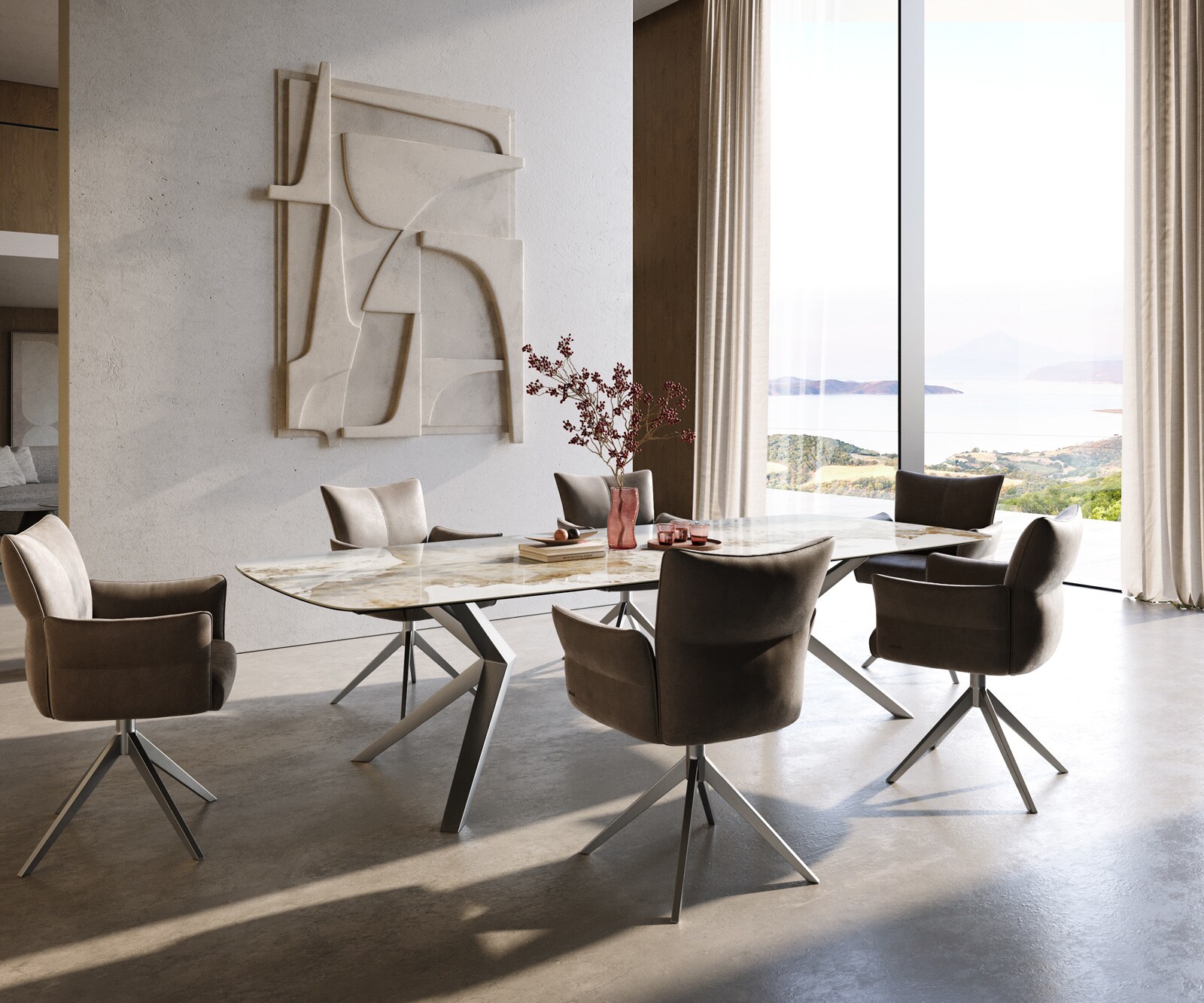 Esstisch Edge Boot 300x120 cm Keramik Minas Melange Weiß-Beige Zenthara kantig Edelstahl 6