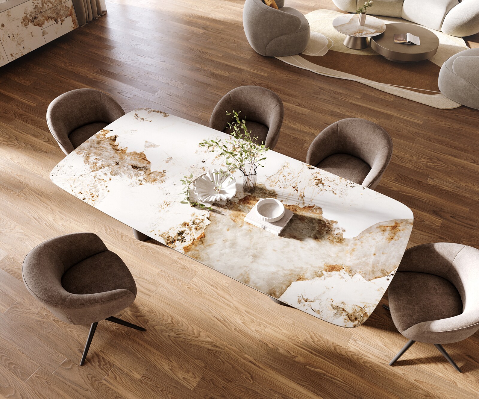 Table à manger Edge Boot 260x120 cm Céramique Minas Melange Blanc-Beige Pilier Métal Noir 3