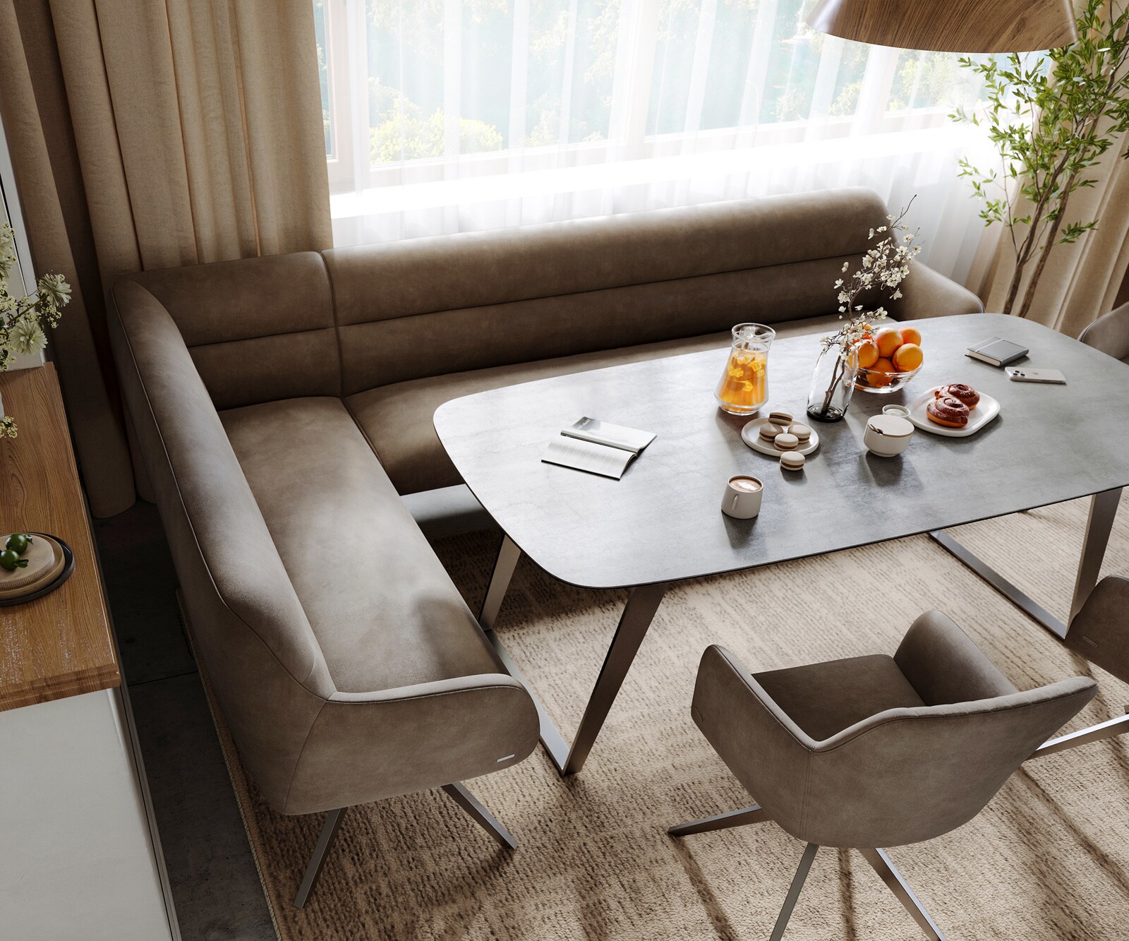 Esszimmerbank Taya-Flex 285x190 cm Mikrofaser Taupe Vintage Kreuzgestell kantig Graphit Taschenfederkern Rechts 3