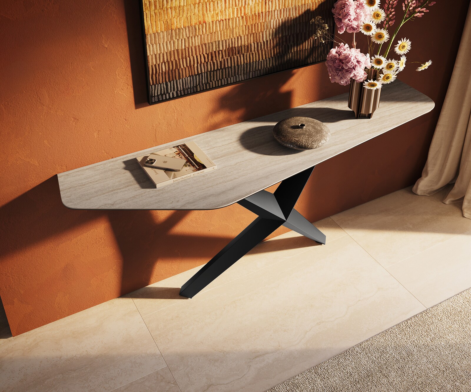 Console Edge Polygonal 180x50 cm Céramique Laminam® Travertino Bianco Creme-Weiß Zentharo Métal Noir 1