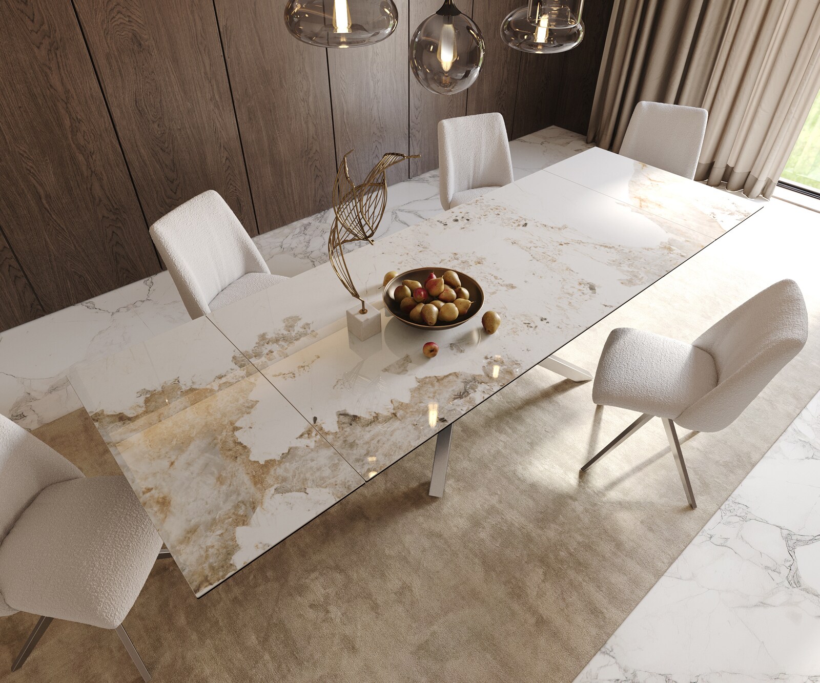 Esstisch Edge 200-300x100 Keramik Minas Melange Weiß-Beige Kreuzgestell Rechteck Edelstahl ausziehbar 6