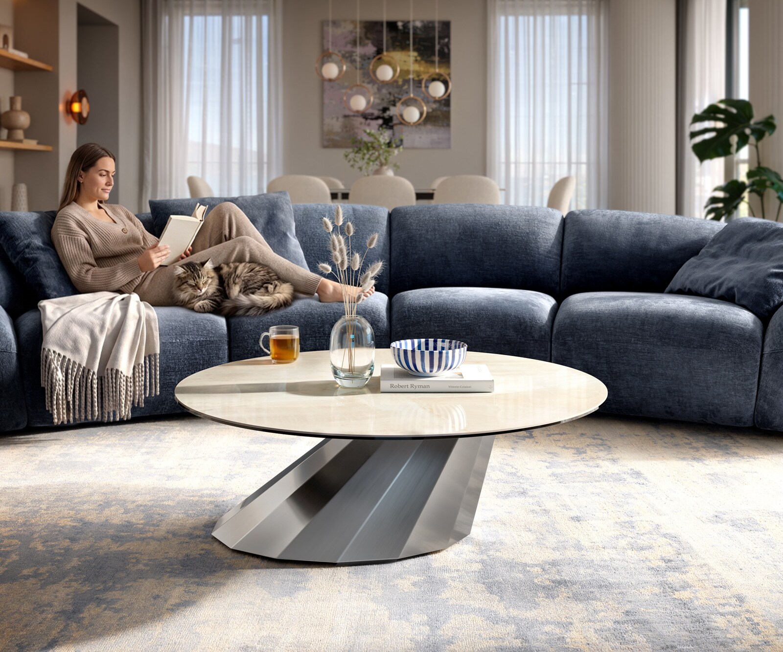 Table basse Edge ronde 100x100 cm céramique Onyx Champagne Parabi acier inoxydable brossé 6