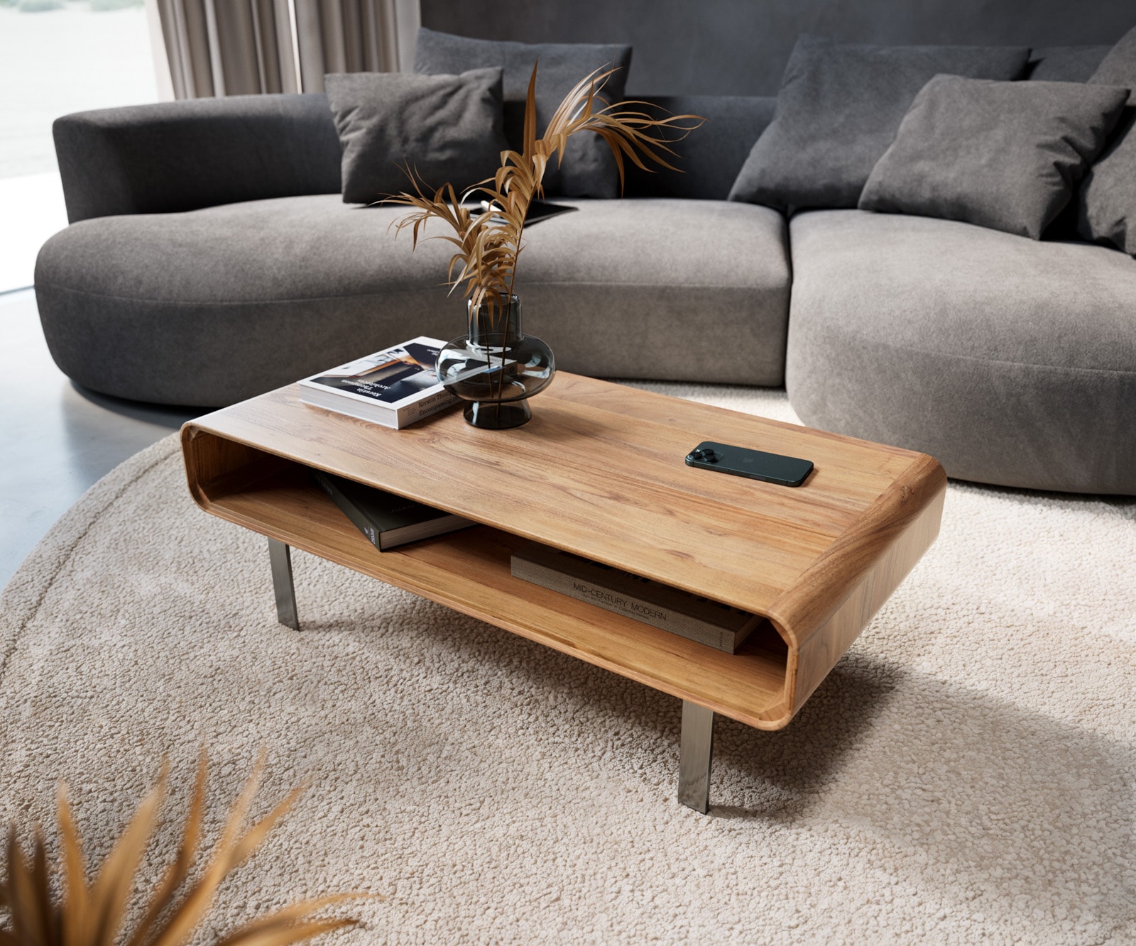 Wohnzimmertisch Anaya Akazie Natur 100x50 cm 1 Fach L-Fuß Edelstahl Couchtisch
