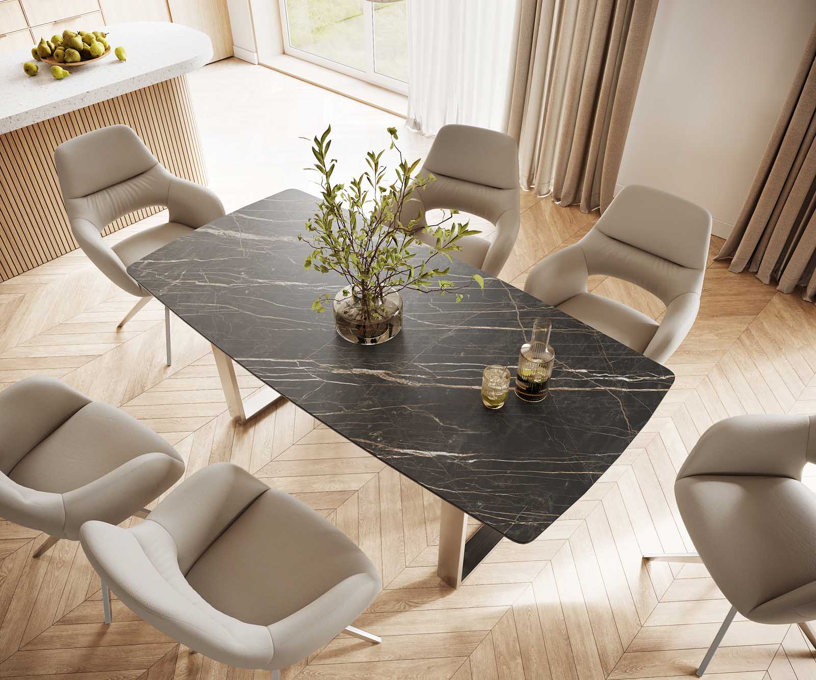 Table-à-manger Edge forme Boot 200x100 céramique Laminam® noir desir brun inox étroit 3