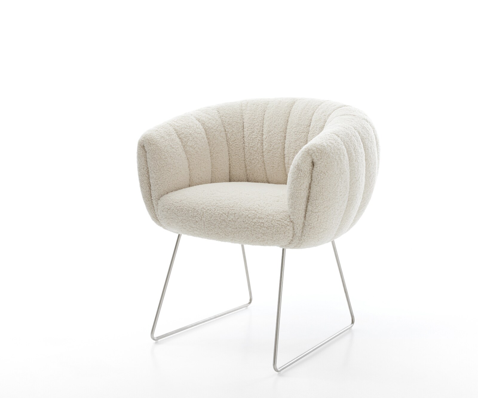 Chaise-de-salle-à-manger Jada-Flex tissu teddy beige pied trapèze acier inoxydable brossé ressorts ensachés 1