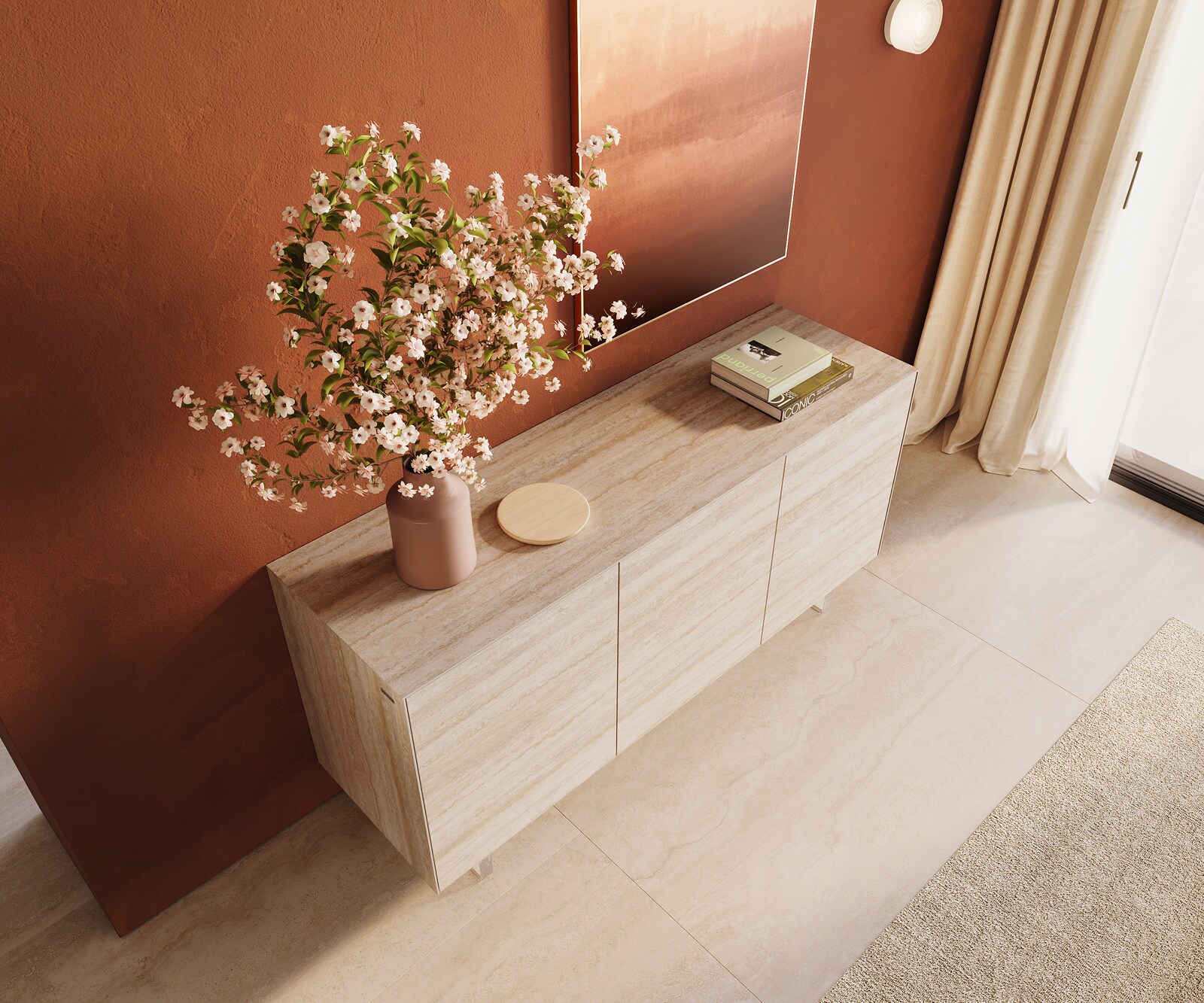 Buffet Cuor 150 cm Céramique Laminam® Travertino Bianco Crème-blanc 3 Portes Pied optique flottant Verre acrylique 4