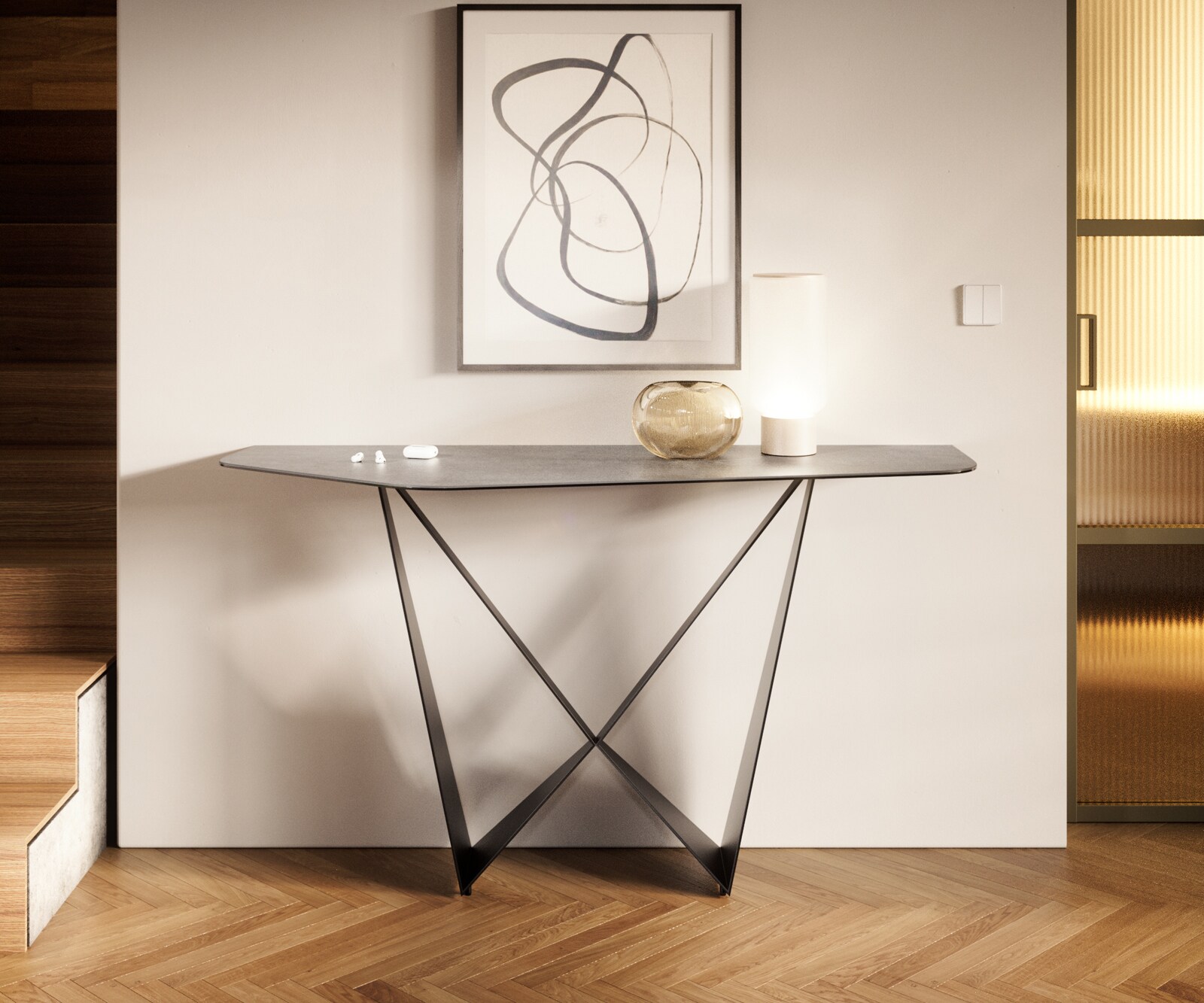 Console Edge Polygonal 180x50 cm Céramique Gris béton Livos Métal Noir 5
