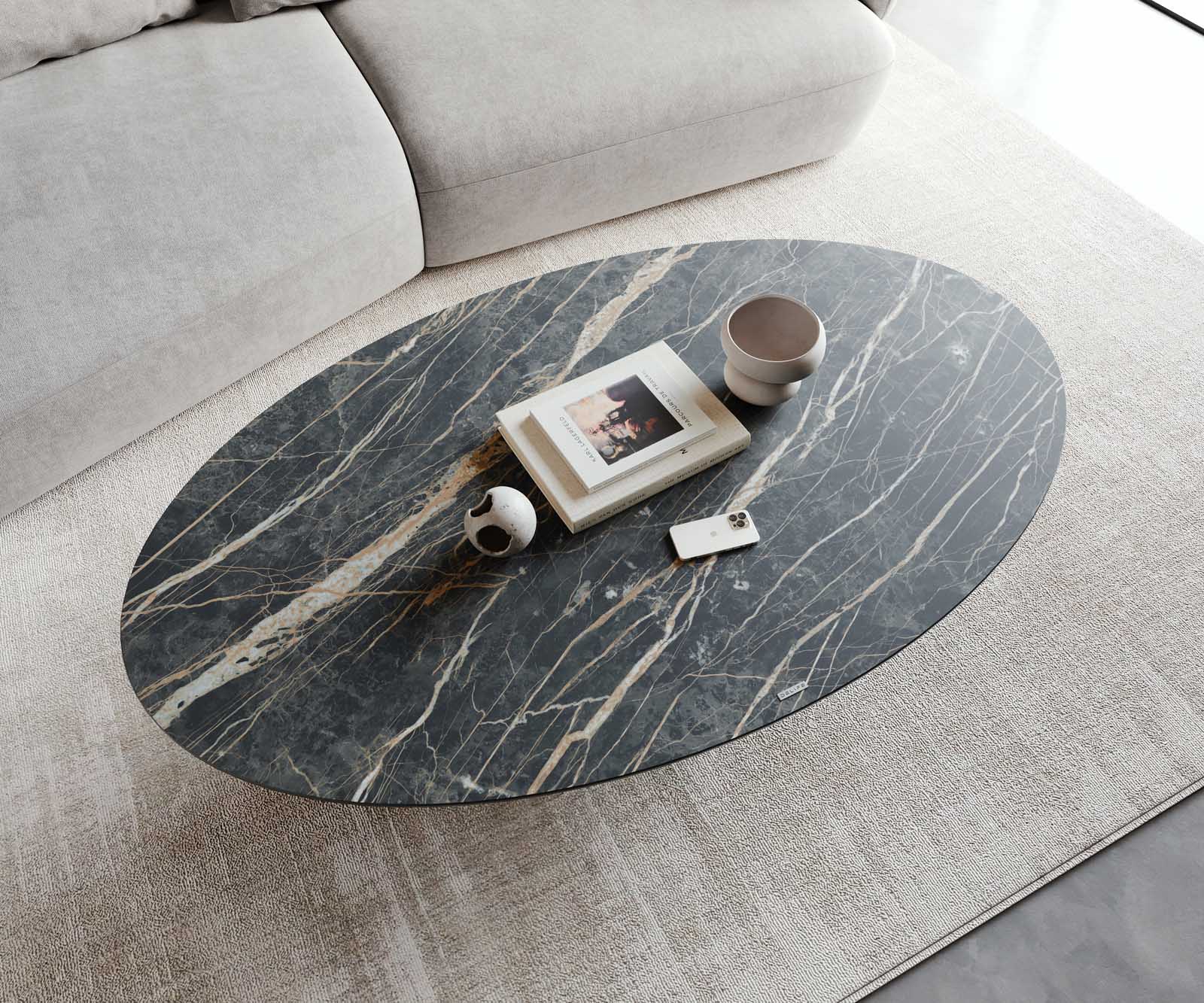Table-basse Casilda 150x90 cm Céramique Laminam®Noir Desir Marron Pied central Finition à effet titane 5