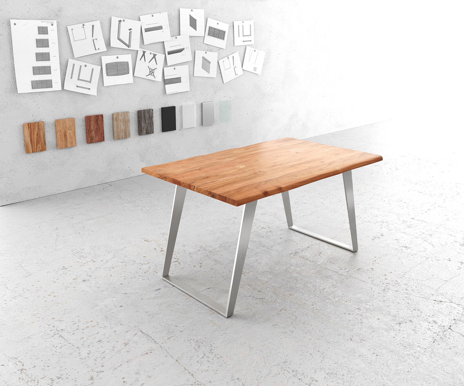 Esstisch Edge 140x90cm Akazie Natur Edelstahl Silber schräg Live-Edge 1