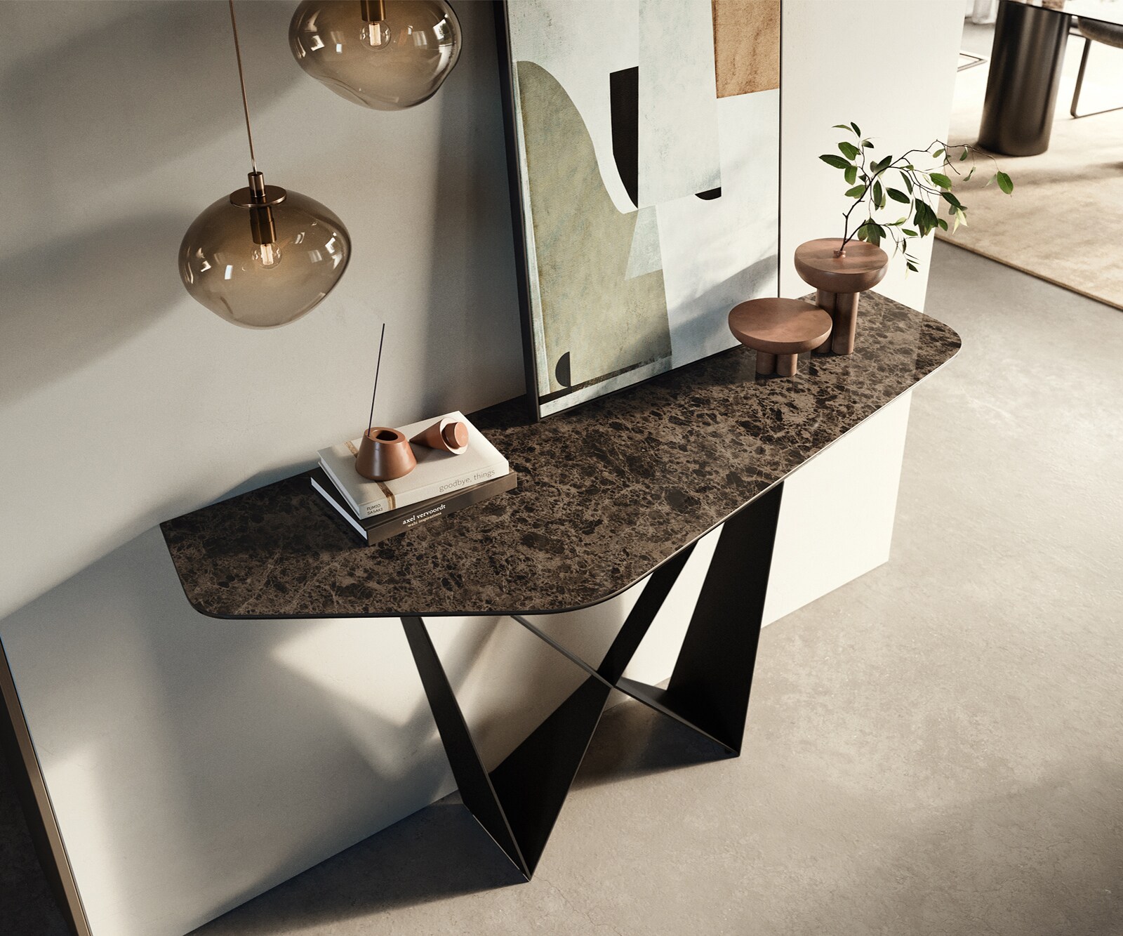 Konsolentisch Edge Polygonal 140x50 cm Keramik Emperador Extra Lucidato Dunkelbraun Spios Metall Schwarz 2