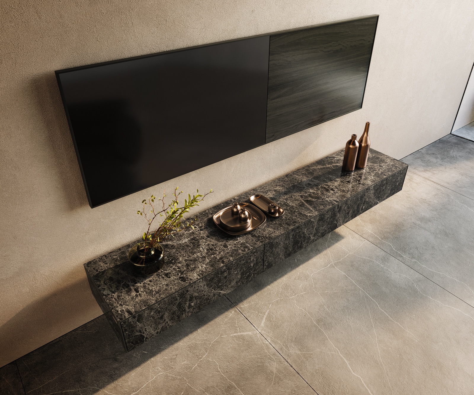 Lowboard Cuor 200 cm Keramik Laminam® Emperador Extra Lucidato Dunkelbraun 1 Klappe 1 Schubfach Schwebend 3 Lowboard Cuor 200 cm Keramik Laminam® Emperador Extra Lucidato Dunkelbraun 1 Klappe 1 Schubfach Schwebend 3