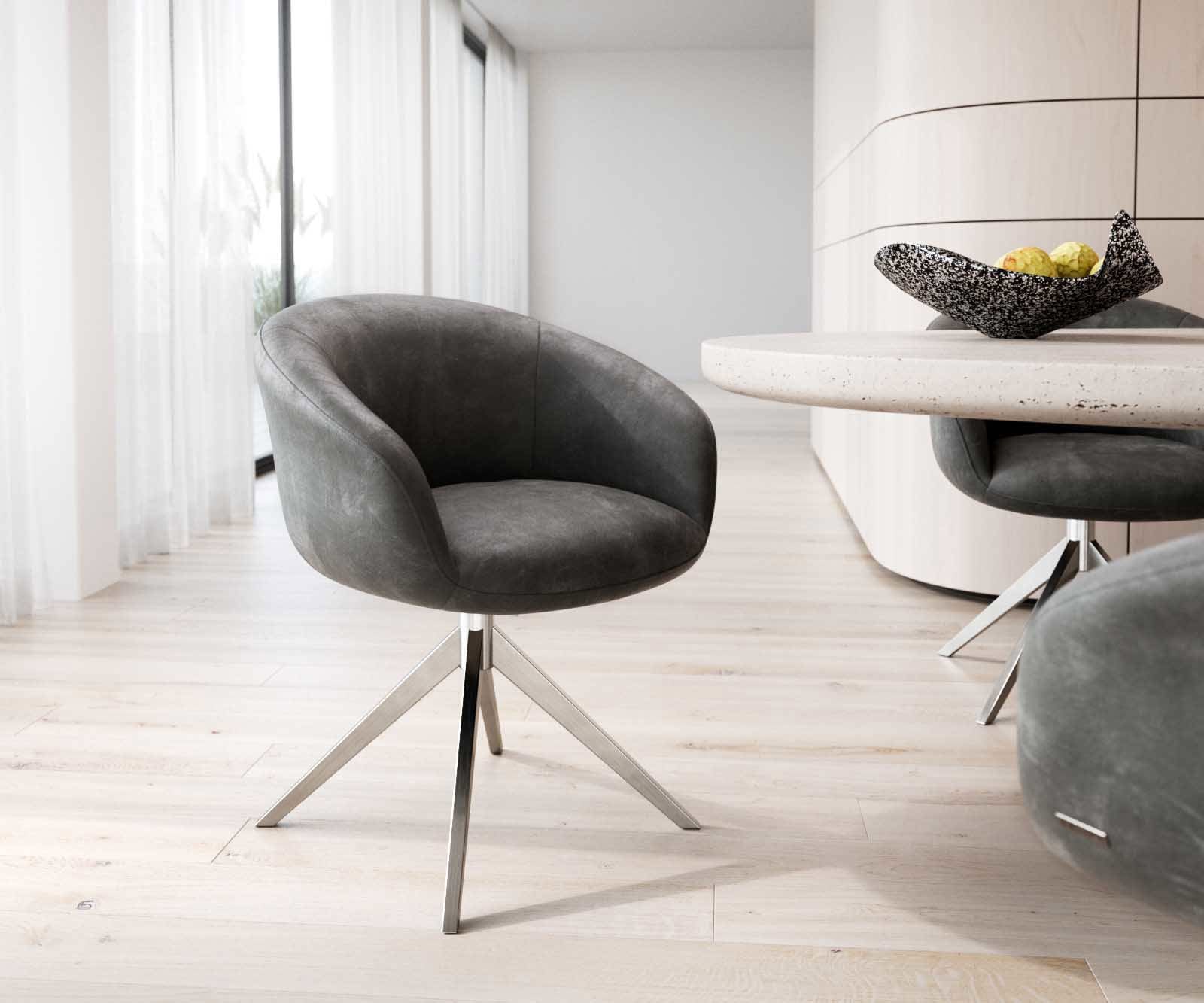 Drehstuhl Vinka-Flex mit Armlehnen Mikrofaser Anthrazit Vintage Kreuzgestell breit Edelstahl 360° drehbar Taschenfederkern Drehstuhl Vinka-Flex mit Armlehnen Mikrofaser Anthrazit Vintage Kreuzgestell breit Edelstahl 360° drehbar Taschenfederkern