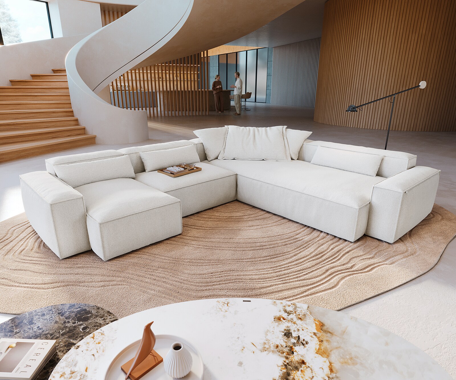 Canapé panoramique Freestyle 360x290 cm Bouclé doux Beige couture passepoilée