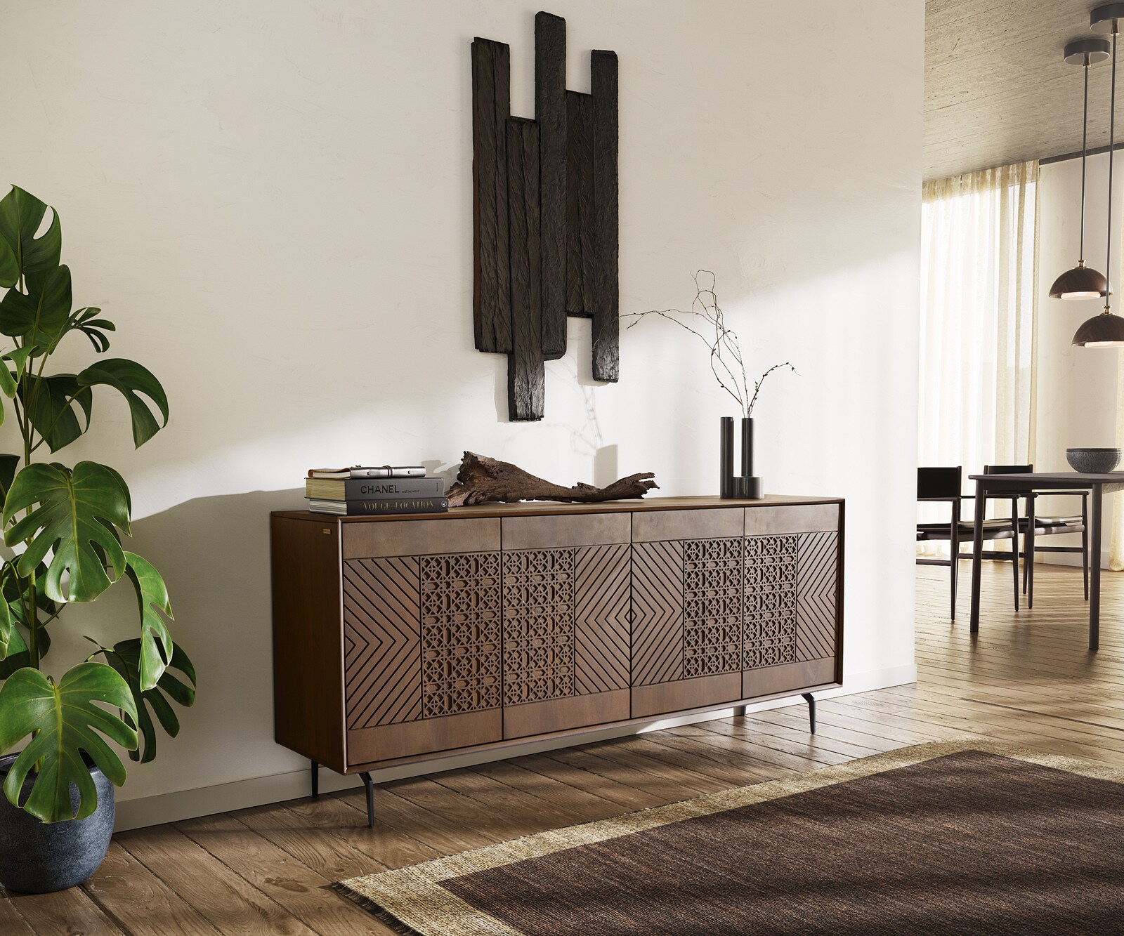Sideboard Manjula 170 cm Mango Braun 4 Türen Winkelfuß Metall Schwarz