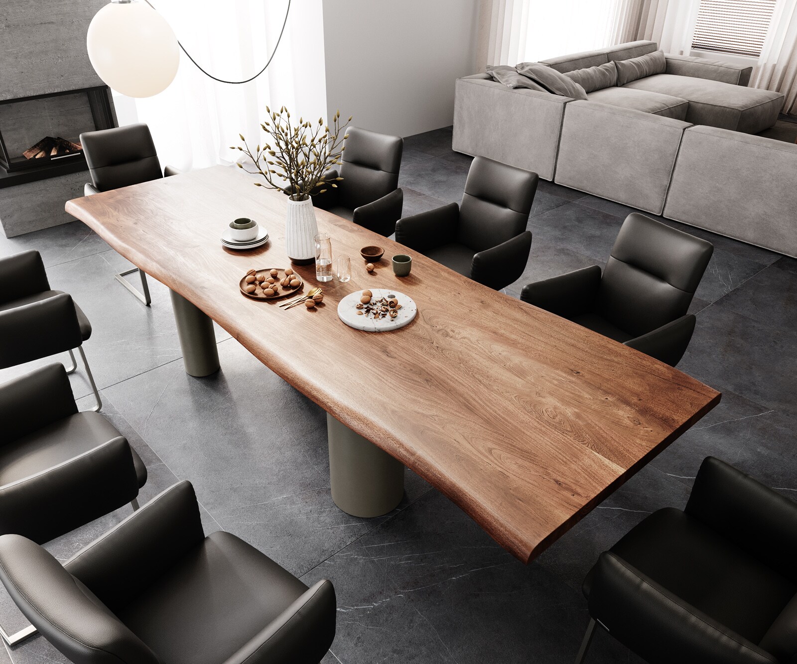 Table à manger Edge 300x100 XL Acacia Marron Pilier Métal finition à effet Titane Live-Edge 3