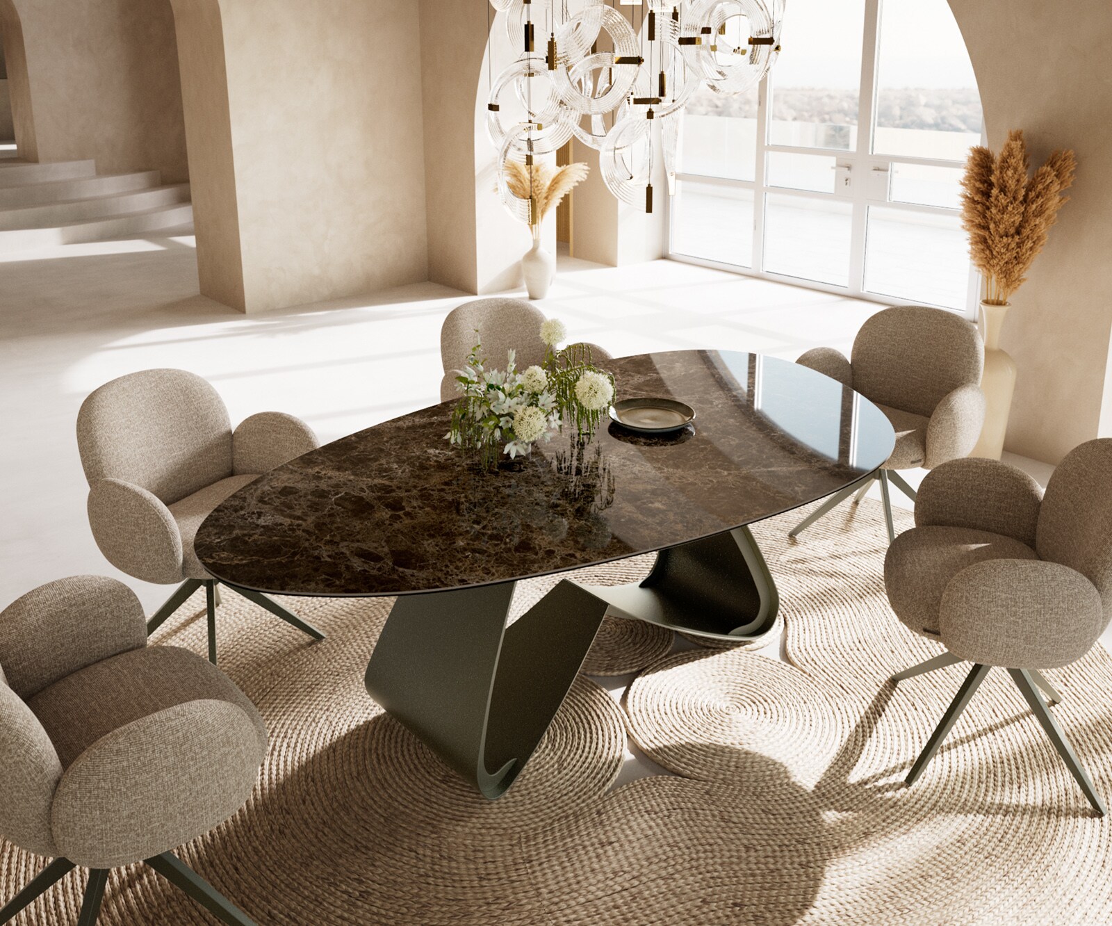 Table à manger Edge ovalee 220x120 céramique Laminam® Emperador Extra Lucidato marron foncé cadre en W métal effet finition titanee 1