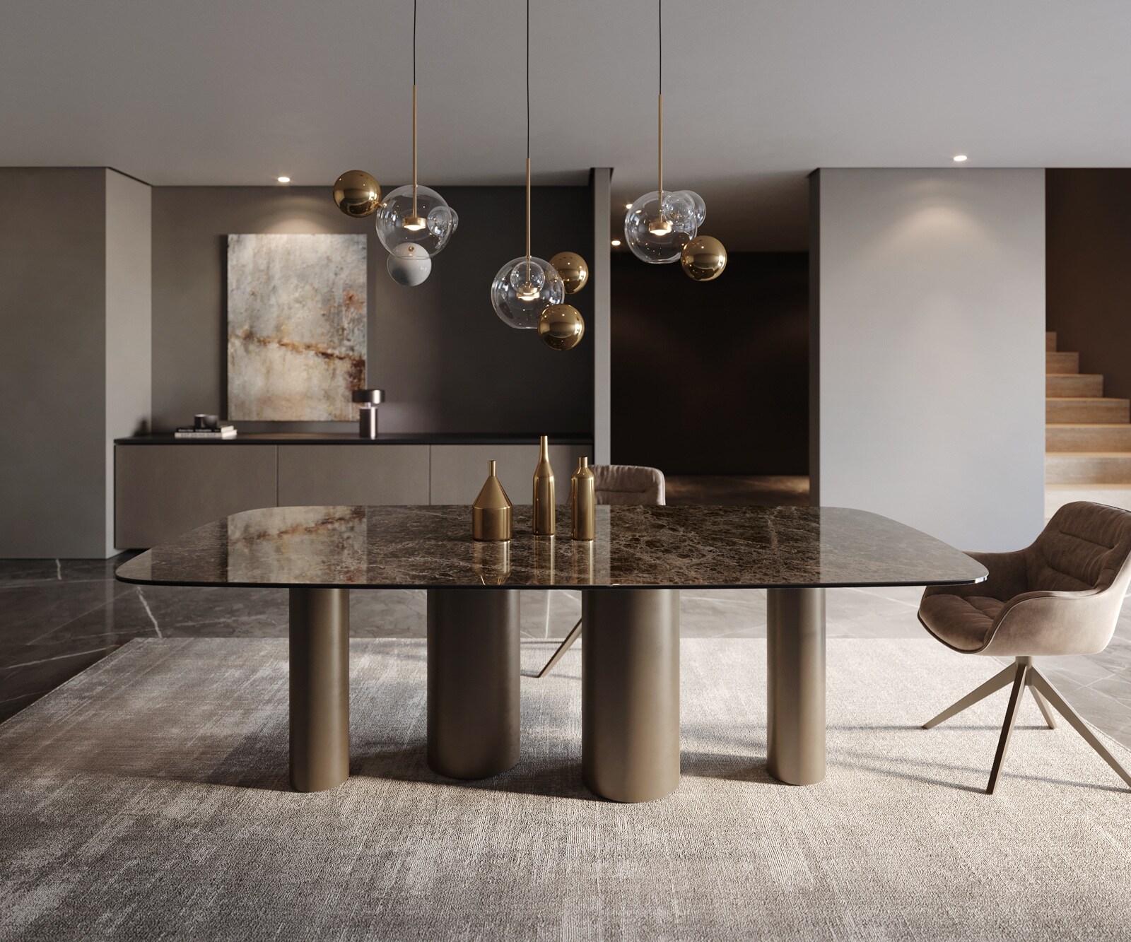 Table de salle à manger Edge Boot Céramique Emperador Extra Lucidato Brun foncé 240x120 Pilier Métal finition effet Titane 2