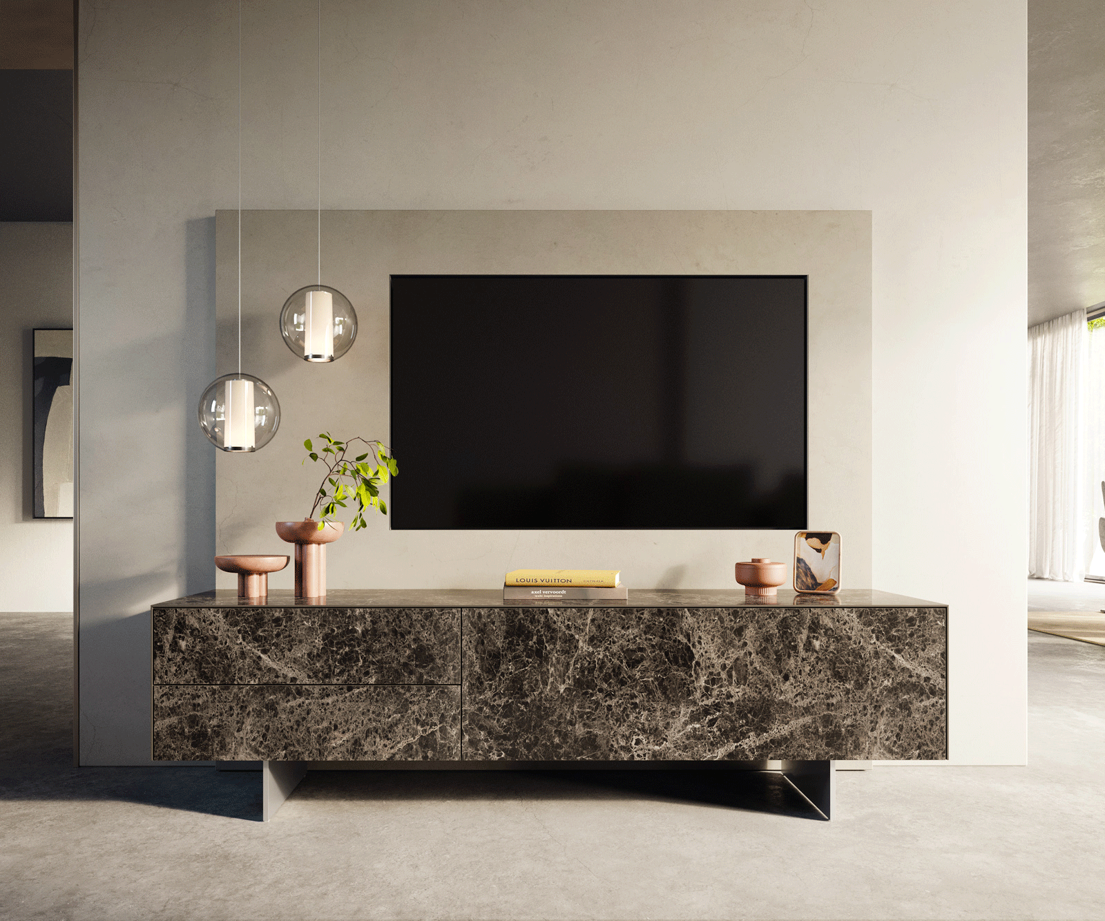 Lowboard Cuor 180 cm Keramik Laminam® Emperador Extra Lucidato Dunkelbraun 1 Klappe 2 Schubfächer Fuß Schwebeoptik Edelstahl 1