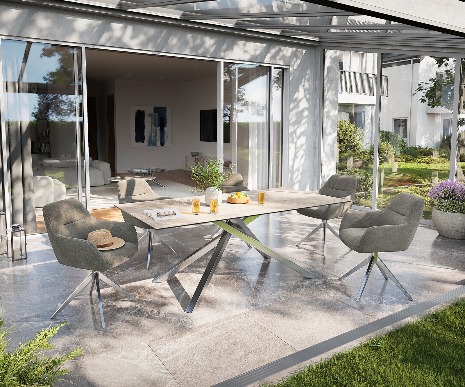 Table d’extérieur Edge 200x100 cm céramique Laminam® Travertino Bianco blanc crème piètement croisé rectangulaire en acier inoxydable 6