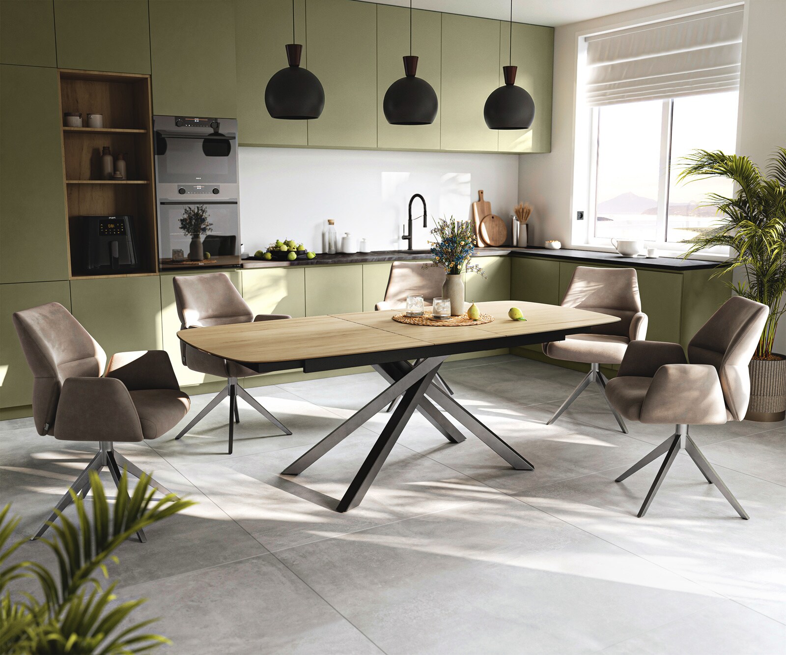 Esstisch Edge Boot 180-220x100 cm Keramik Laminam® Sabbia Eichefarbig Kreuzgestell Rechteck Edelstahl Graphit ausziehbar 5