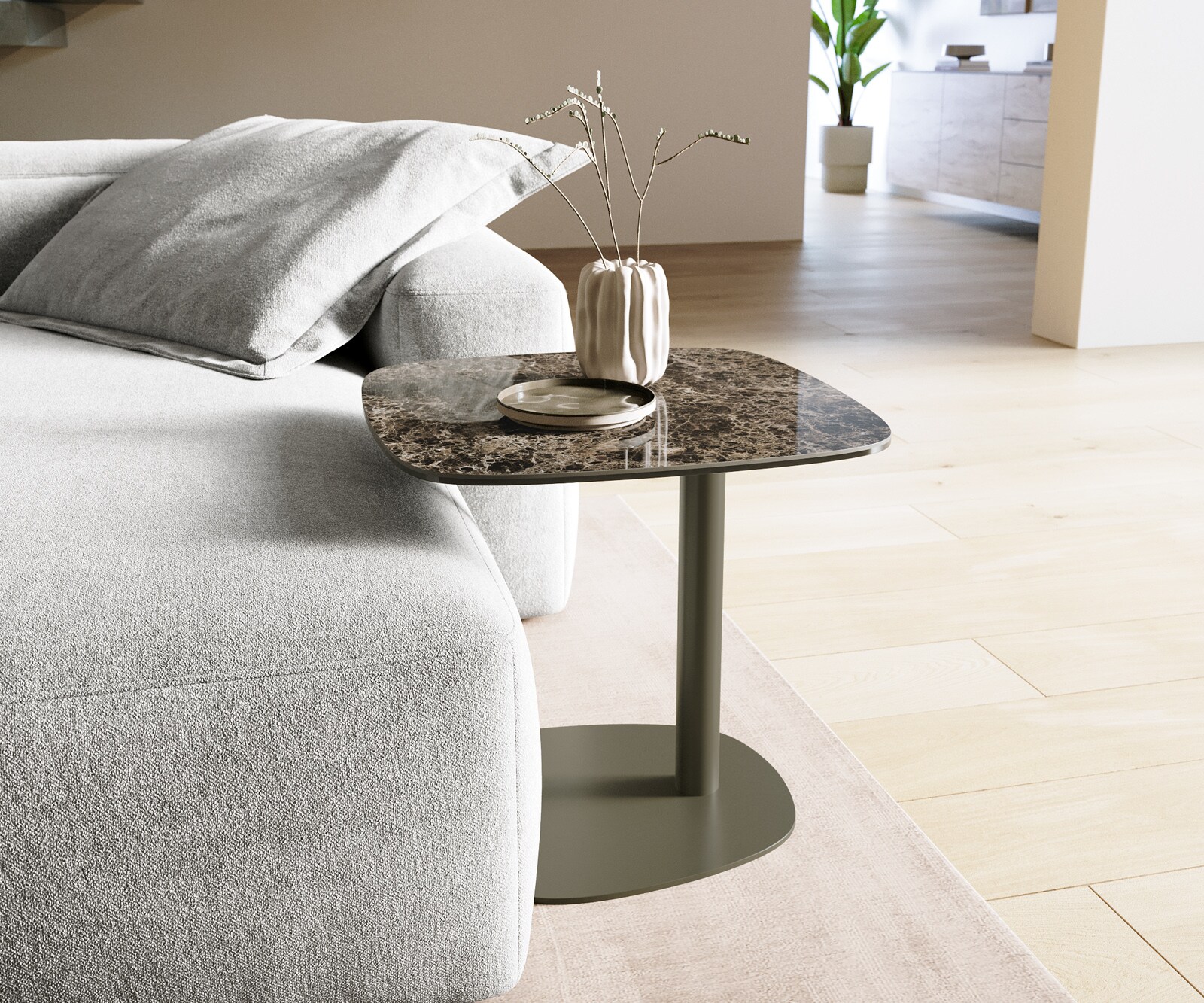 Beistelltisch Edge Boot 50x50 cm Keramik Emperador Extra Lucidato Dunkelbraun Eleny Metall Effektfinish Titan 1