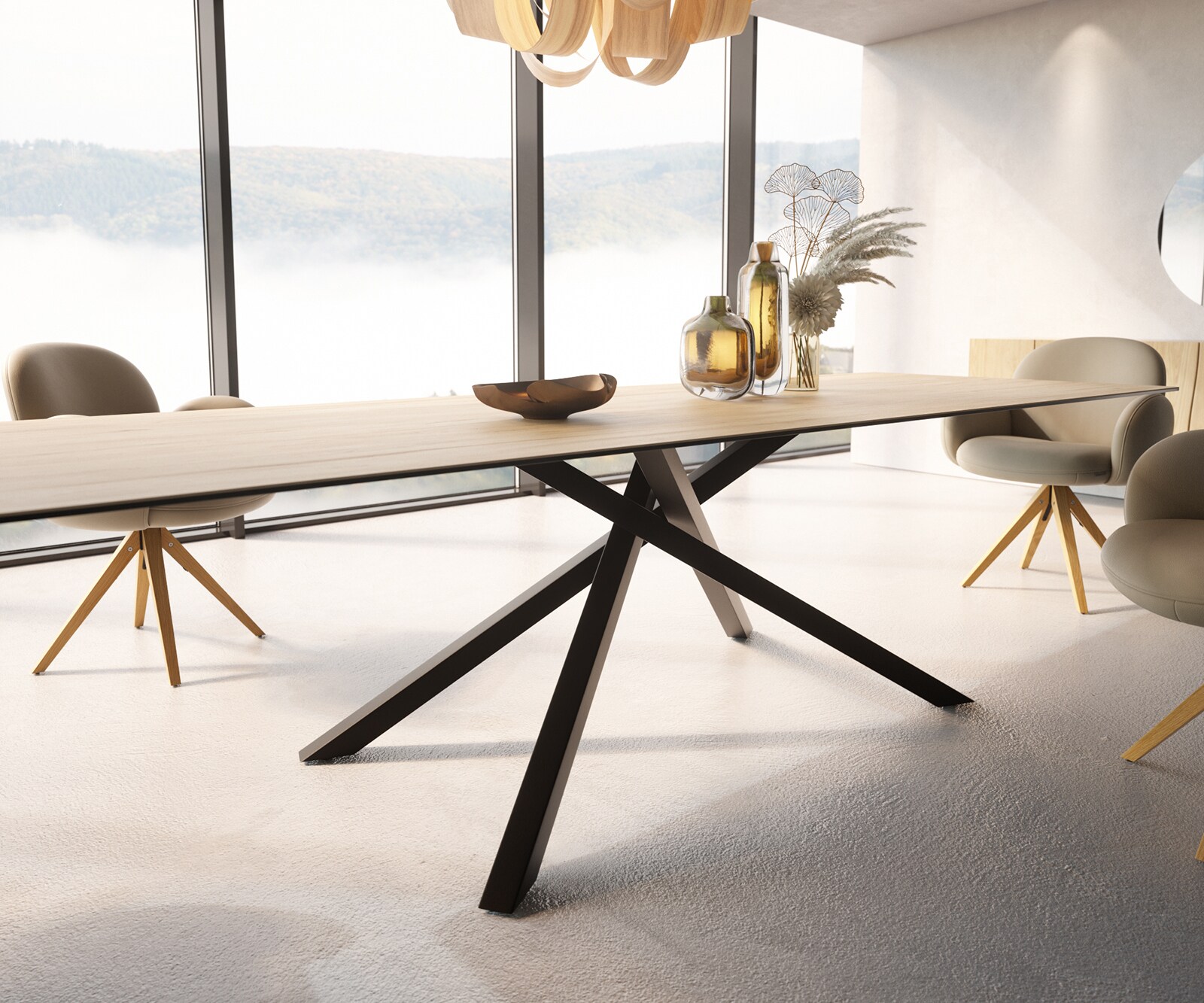 Esstisch Edge 300x100 Keramik Laminam® Sabbia Eichefarbig Kreuzgestell Rechteck Schwarz 5