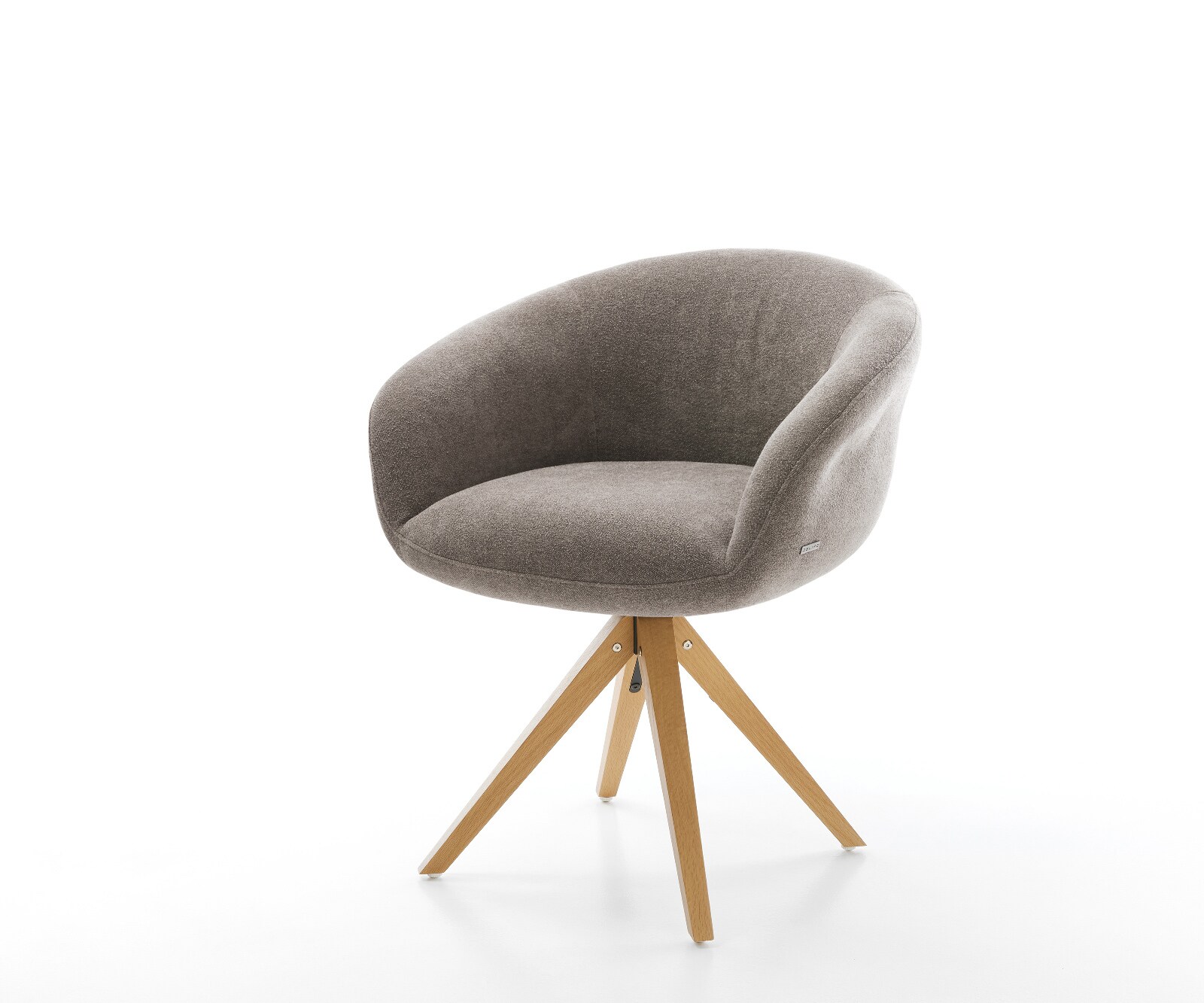 Chaise-pivotante Vinka-Flex avec accoudoirs tissu structuré doux taupe pied en bois angulaire naturel pivotement sur 180° ressorts ensachés