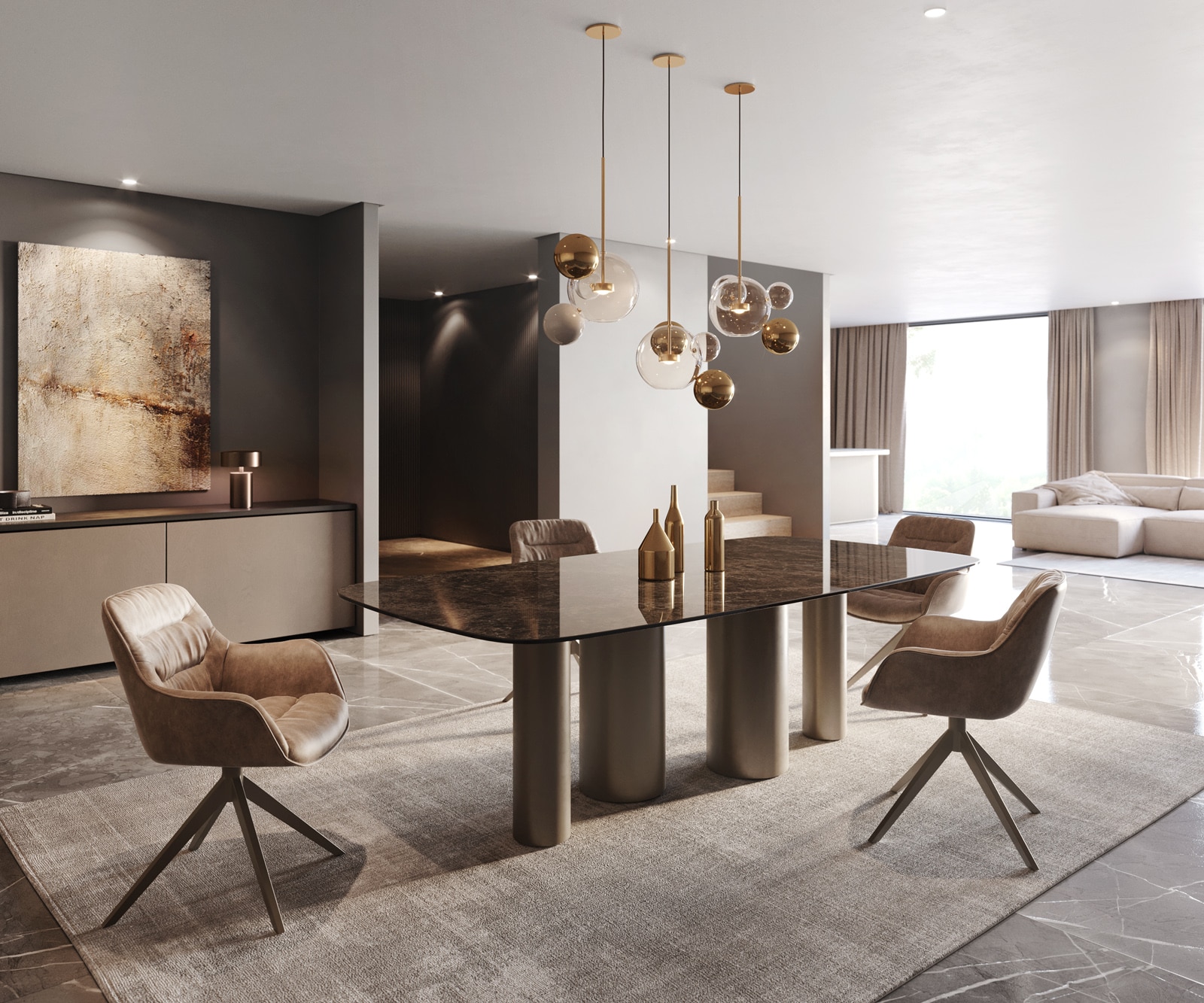 Esstisch Edge Boot 240x120 Keramik Laminam® Emperador Extra Lucidato Dunkelbraun Pilier Metall Effektfinish Titan 6