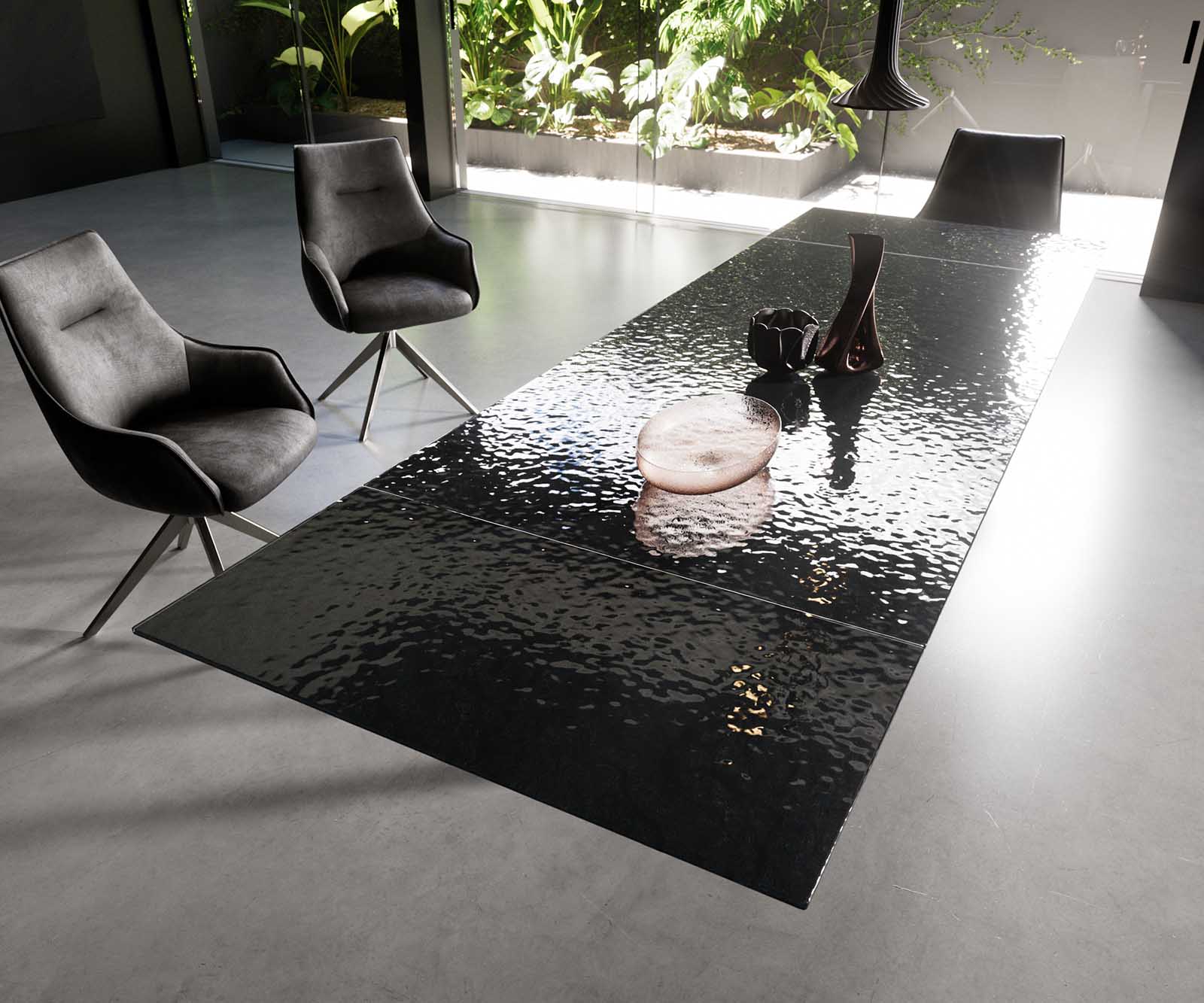 Esstisch Edge 200-300x100 Reliefglas Rauchschwarz 3D-Design W-Gestell Effektfinish Titan ausziehbar 6