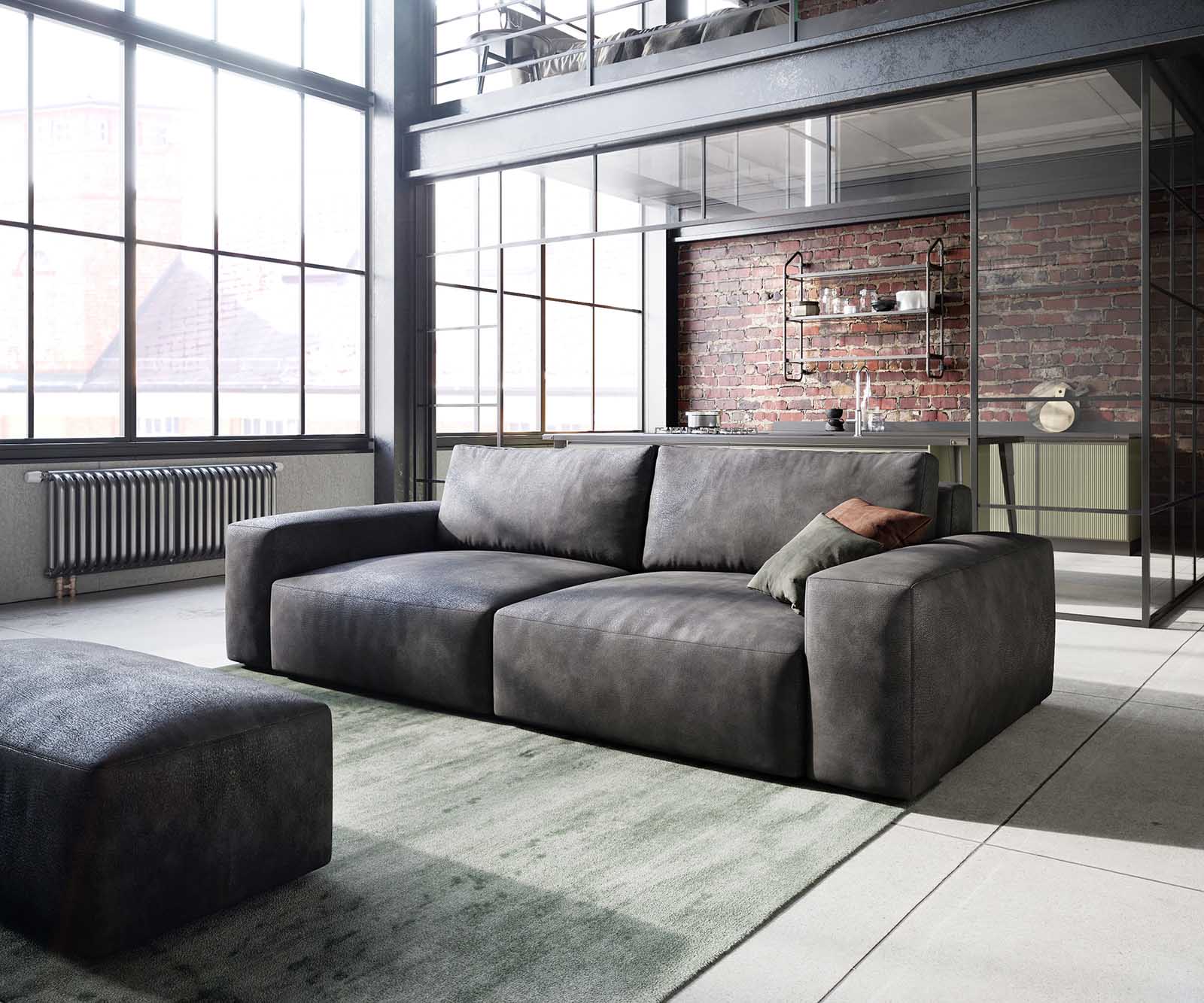 Big canapé Lanzo 230x95 cm similicuir vintage anthracite avec pouf