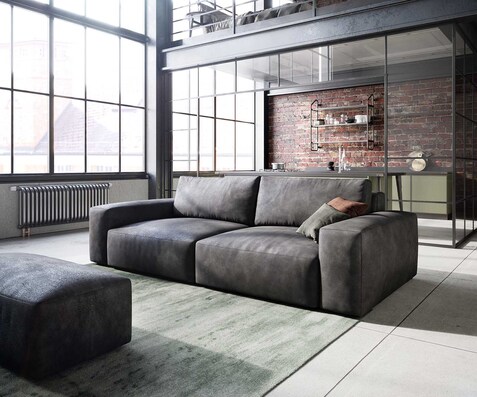 Big canapé Lanzo 230x95 cm similicuir vintage anthracite avec pouf