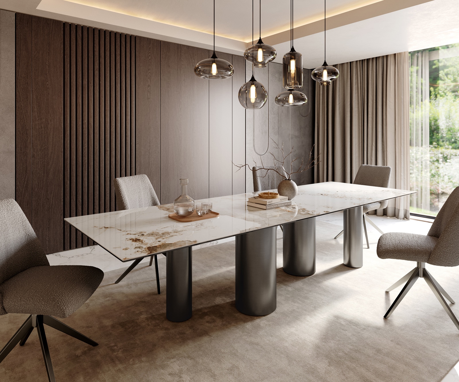 Esstisch Edge 300x100 Keramik Minas Melange Weiß-Beige Pilier Edelstahl Graphit Esstisch Edge 300x100 Keramik Minas Melange Weiß-Beige Pilier Edelstahl Graphit