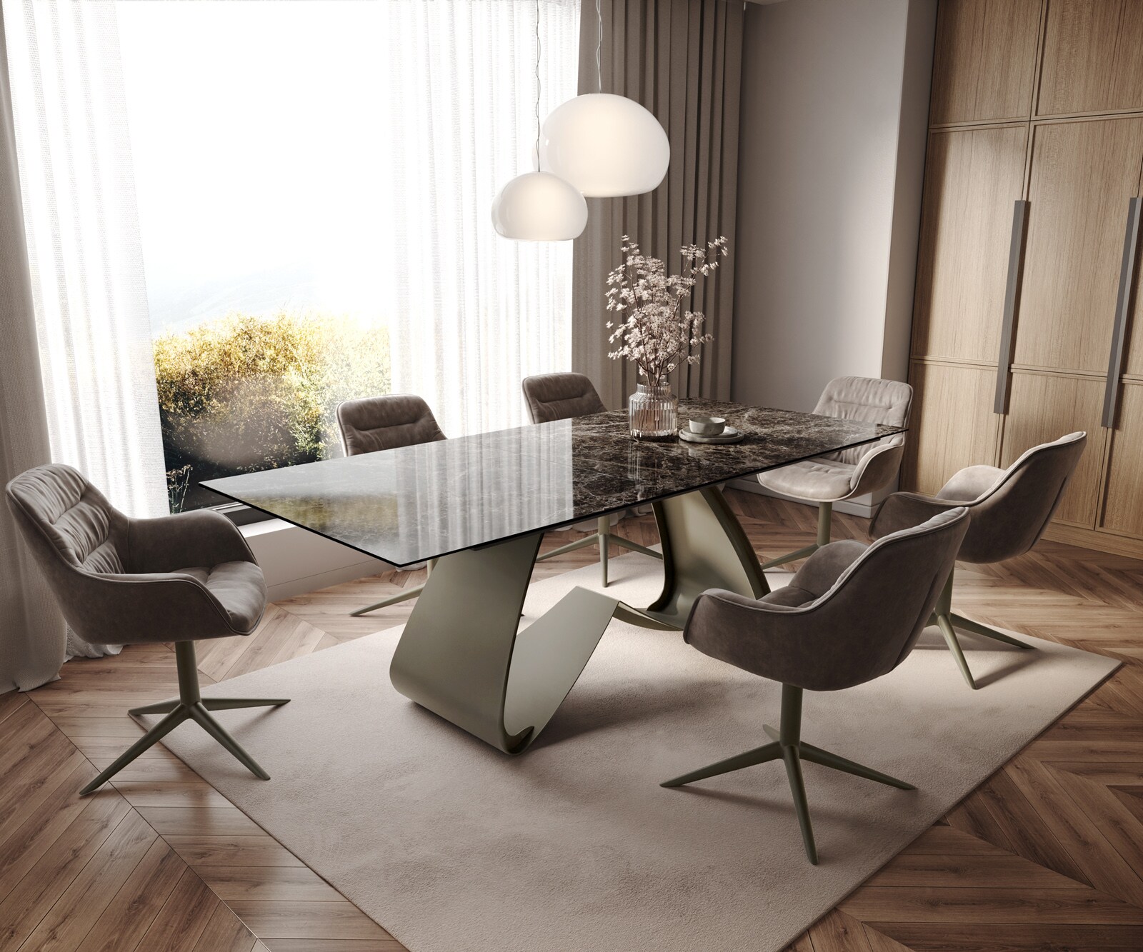 Table à manger Edge 180-220x100 Laminam® Emperador Extra Lucidato Marron foncé Cadre en W finition à effet Titane extensible 5