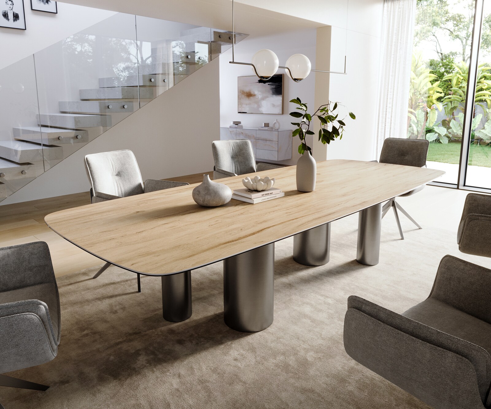 Esstisch Edge Boot 300x120 cm Keramik Laminam® Sabbia Eichefarbig Pilier Edelstahl Graphit