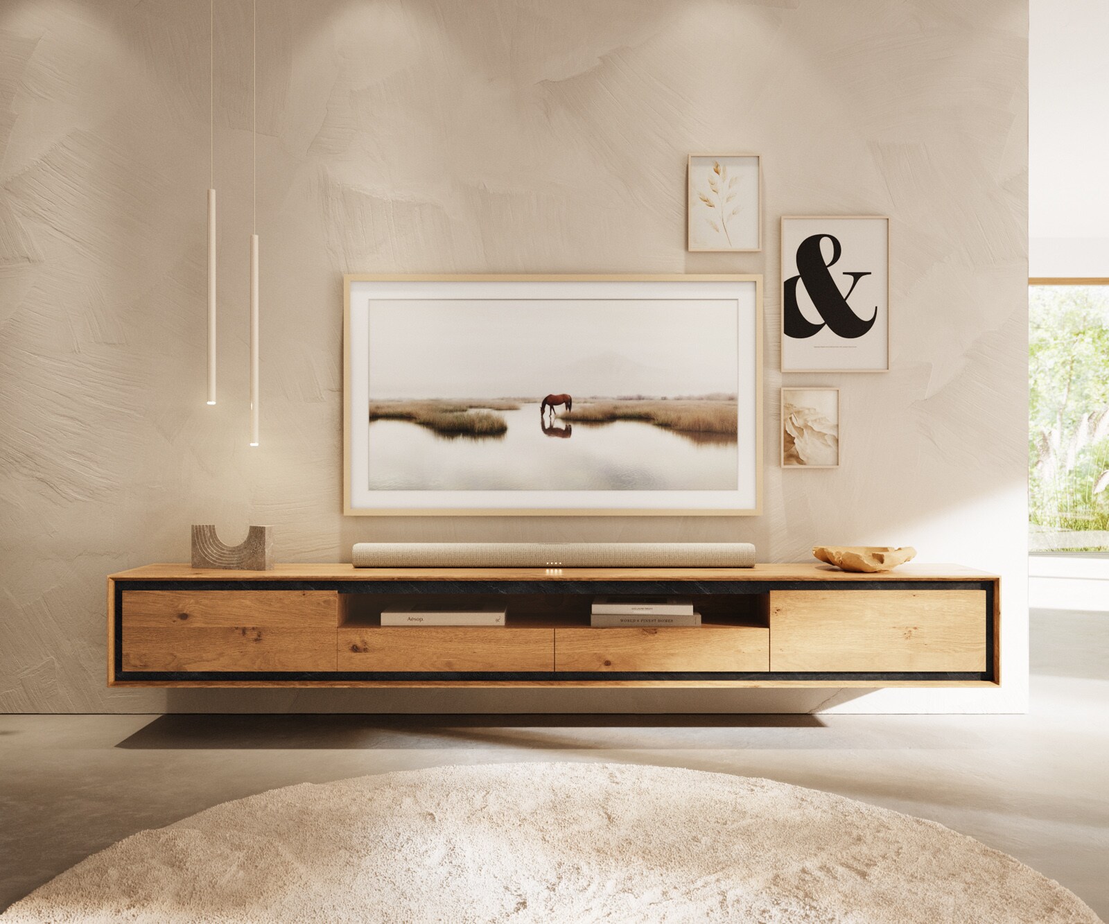 Meuble-TV Stonegrace 240 cm Chêne Naturel 2 portes 1 compartiment 2 tiroirs Placage pierre Suspendu 1