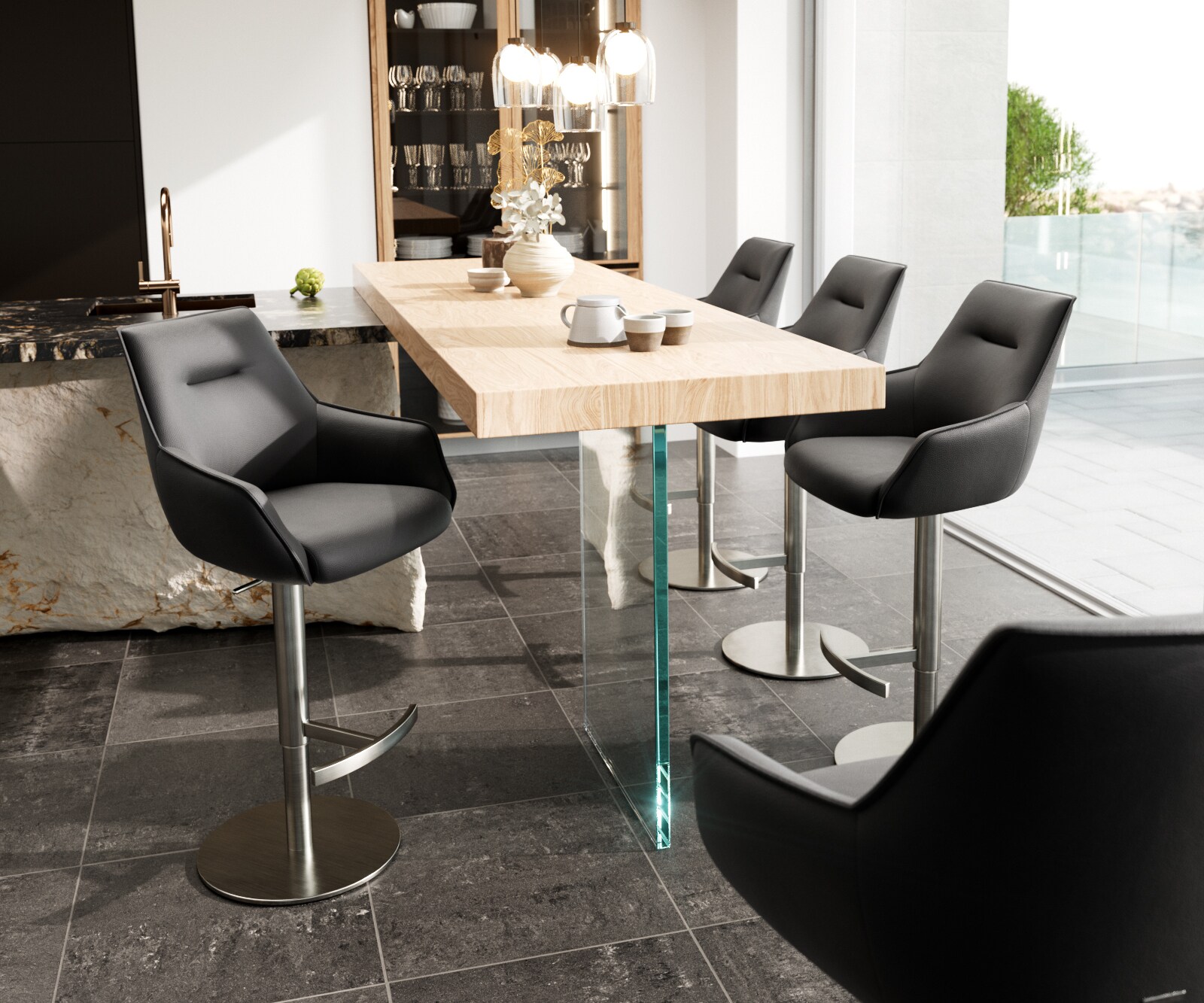 Chaise-de-bar Alja-Flex cuir véritable noir pied pivotant réglable en hauteur acier inoxydable pivotant ressorts ensachés 4