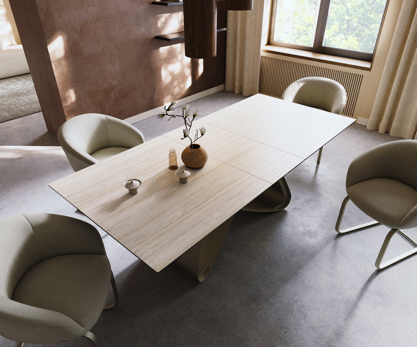 Esstisch Edge 180-220x100 Keramik Laminam® Travertino Bianco Creme-Weiß W-Gestell Effektfinish Titan ausziehbar 3 Esstisch Edge 180-220x100 Keramik Laminam® Travertino Bianco Creme-Weiß W-Gestell Effektfinish Titan ausziehbar 3