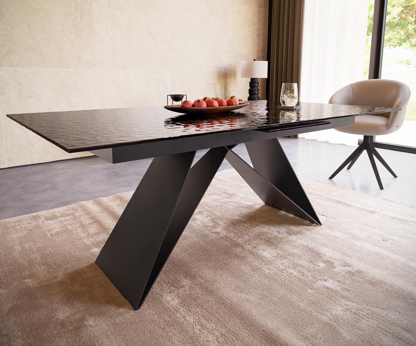 Esstisch Edge 180-220x100 Reliefglas Rauchschwarz 3D-Design V-Gestell Flachstahl Schwarz ausziehbar 4 Esstisch Edge 180-220x100 Reliefglas Rauchschwarz 3D-Design V-Gestell Flachstahl Schwarz ausziehbar 4
