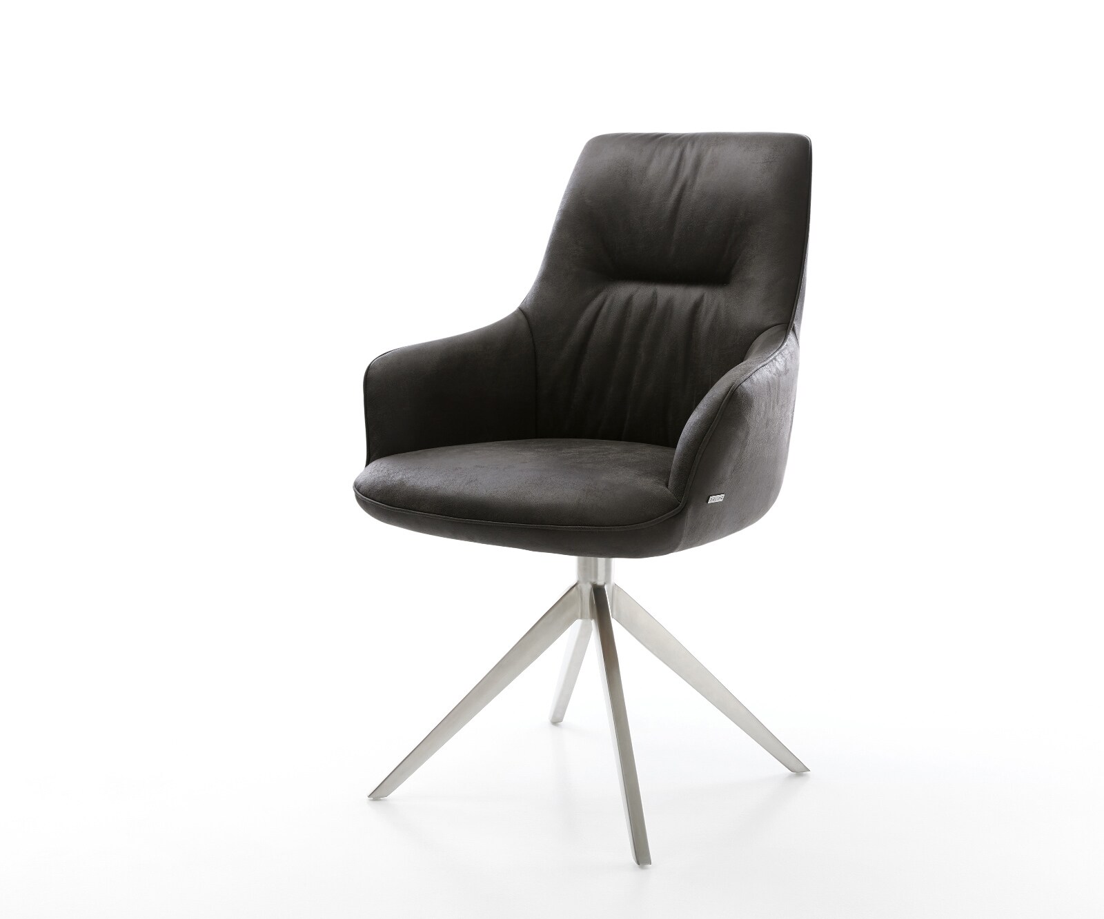 Drehstuhl Zelia-Flex mit Armlehnen Mikrofaser Anthrazit Vintage Kreuzgestell breit Edelstahl 360° drehbar Wippfunktion Taschenfederkern 1