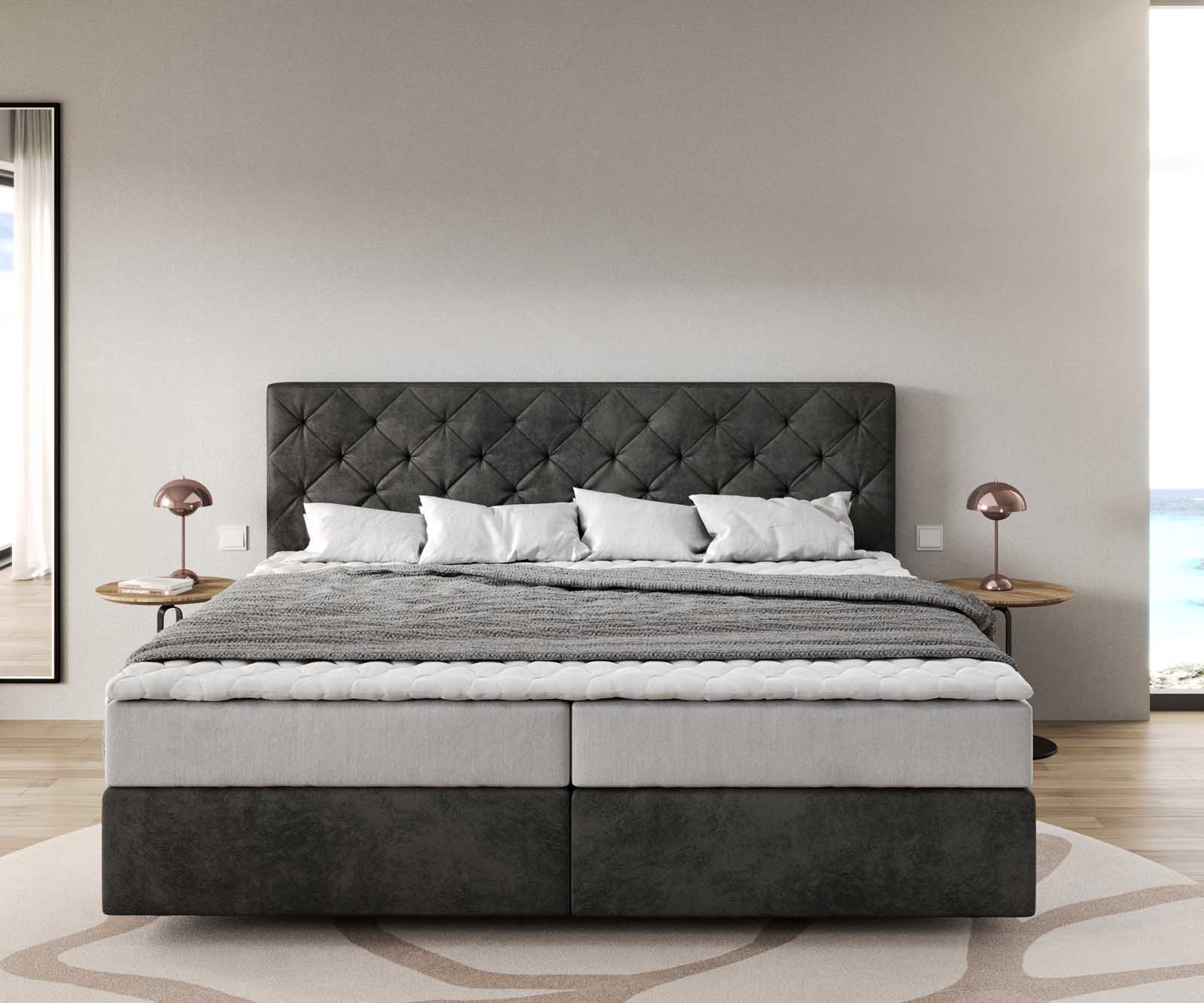 Lit à sommier tapissier Dream-Great Microfibre anthracite vintage 200x200 cm avec matelas à ressorts ensachés et surmatelas en mousse viscoélastique 1