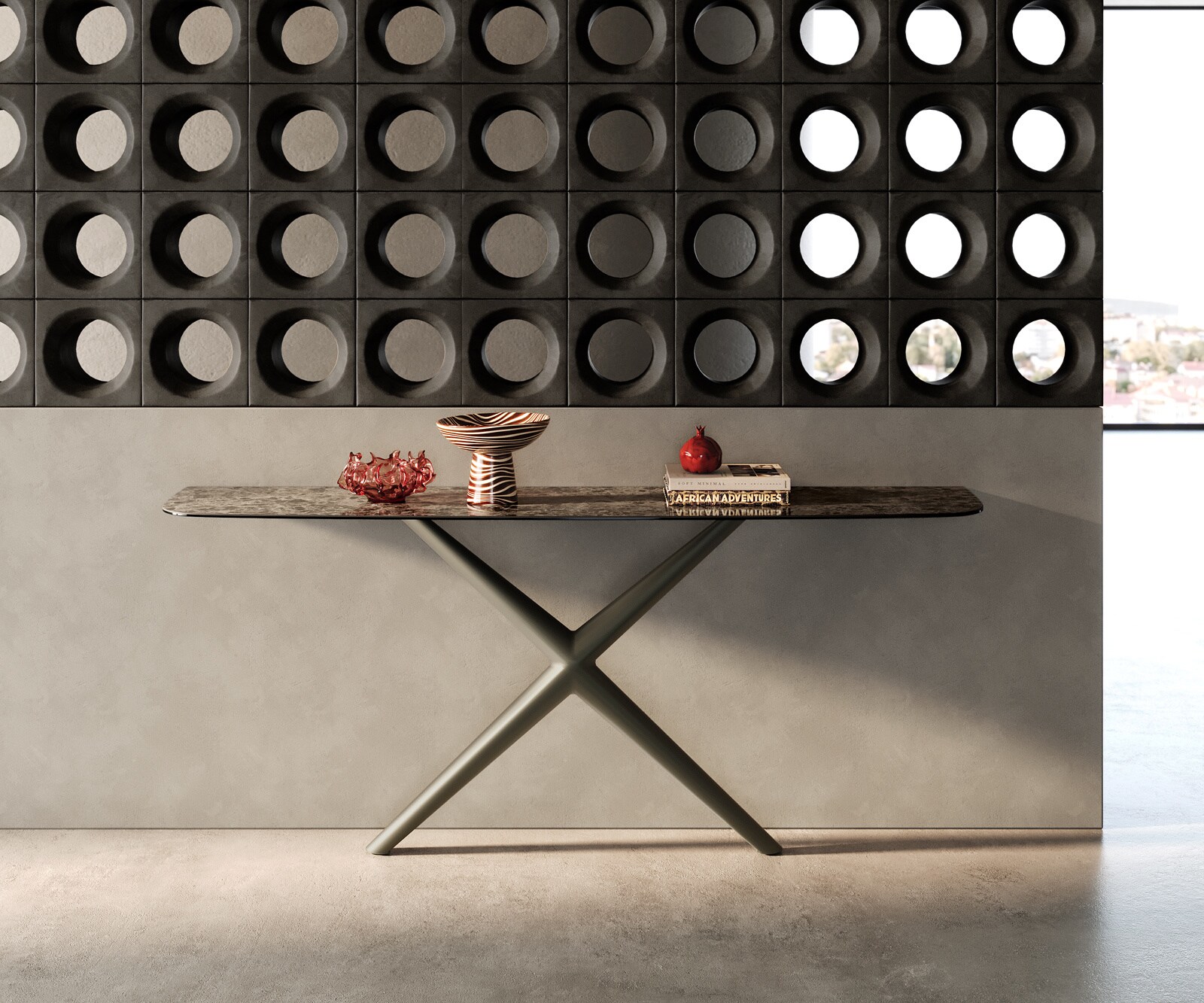 Console Edge forme bateau 180x40 cm Céramique Emperador Extra Lucidato Dunkelbraun Estelo Métal Effektfinish Titan