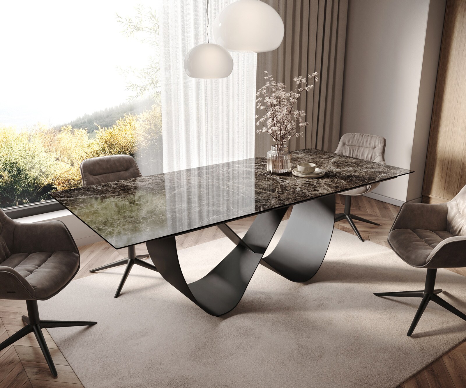 Esstisch Edge 180-220x100 Keramik Emperador Extra Lucidato Dunkelbraun Infinity Metall Schwarz ausziehbar 1