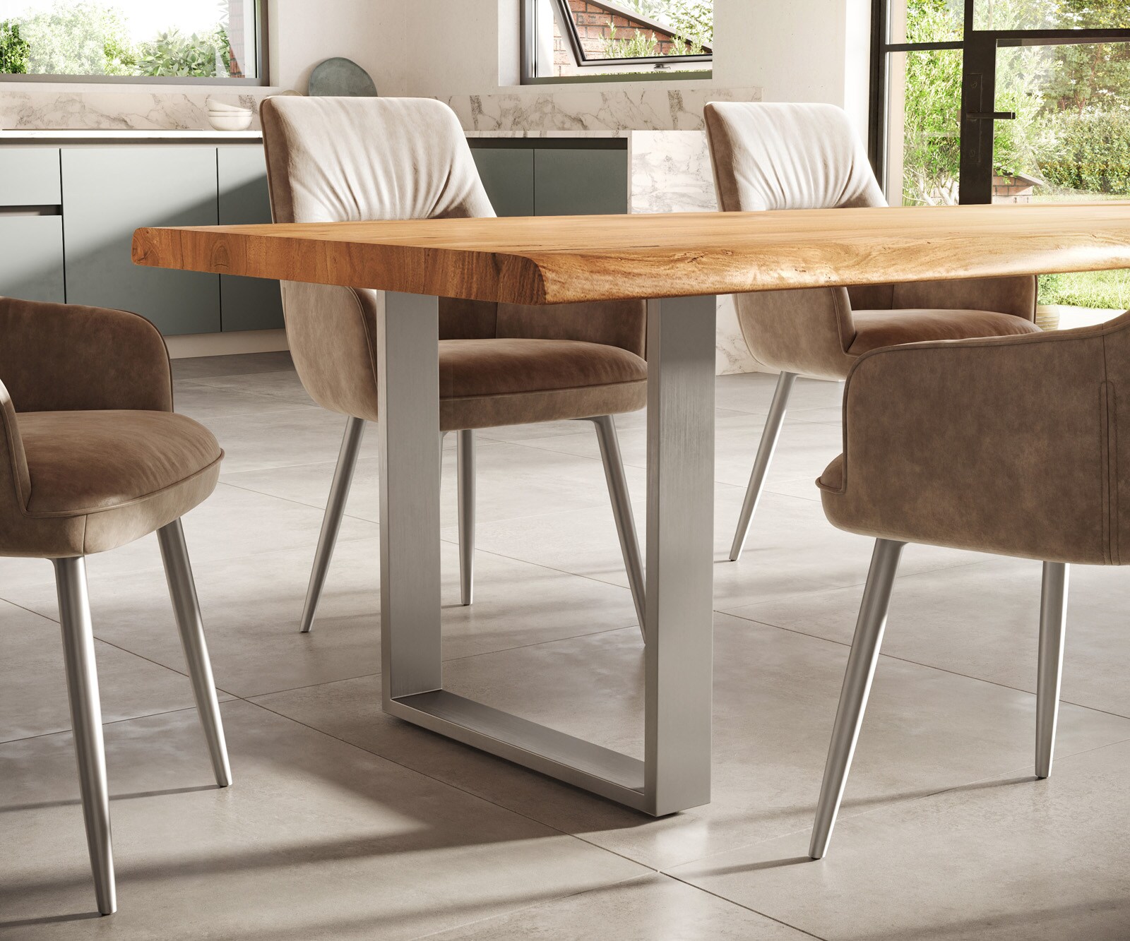 Table-à-manger Edge 300x100 XL acacia nature acier inoxydable mince Live-Edge 5