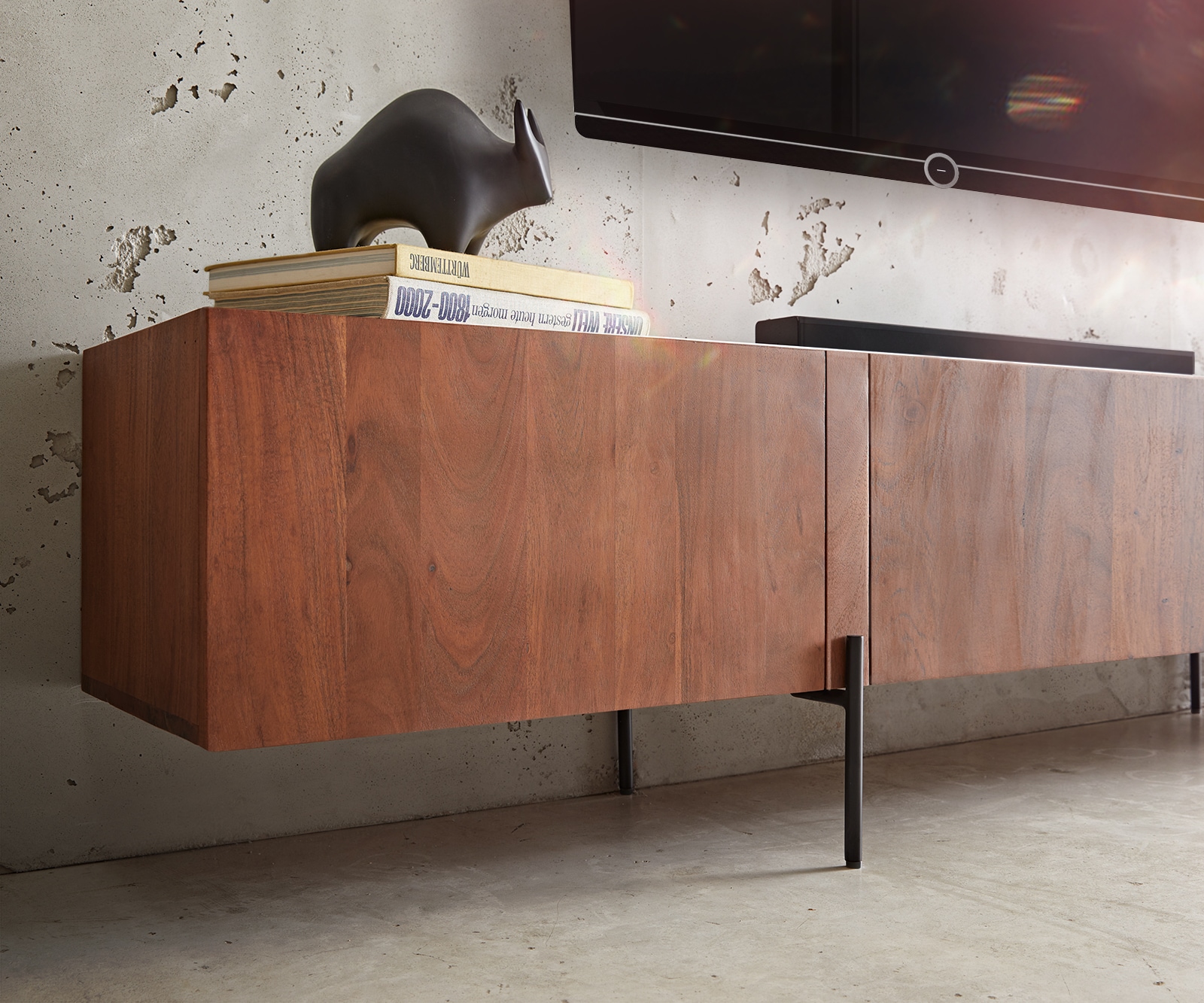 Lowboard Secara 200 cm Akazie Braun 4 Türen Marmor Füße Schwarz 5 Lowboard Secara 200 cm Akazie Braun 4 Türen Marmor Füße Schwarz 5