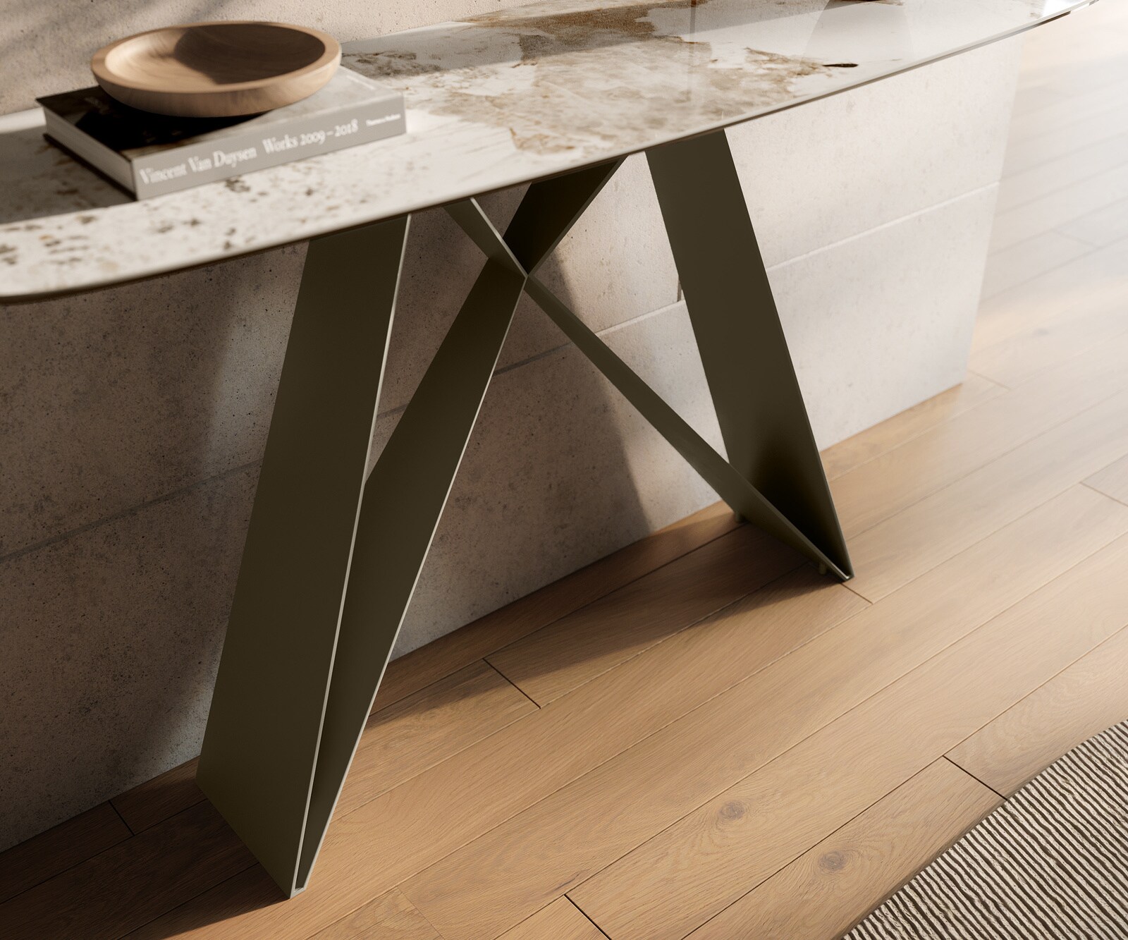 Console Edge forme bateau 140x40 cm Céramique Minas Melange Weiß-Beige Velio Métal Effektfinish Titan 6