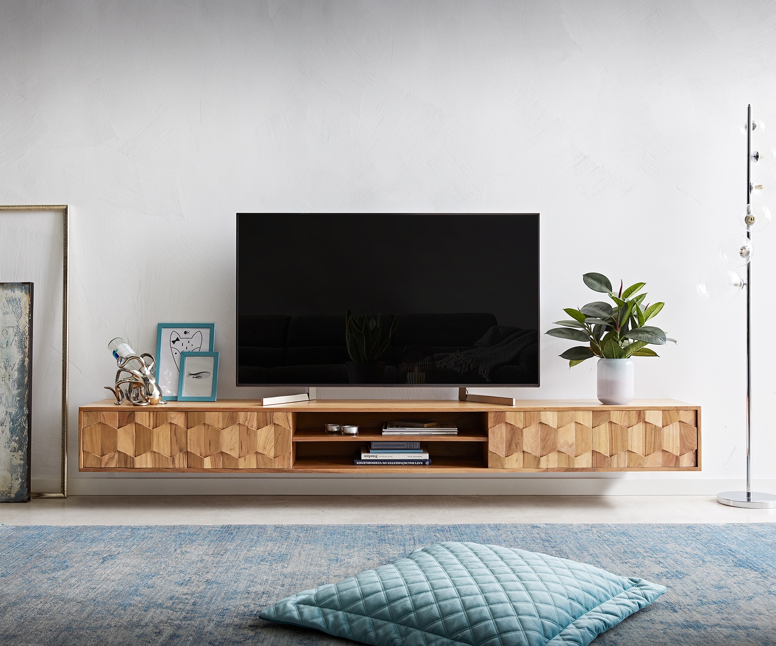 Meuble-TV  Fevo 240 cm acacia nature 4 portes flottant 1 Meuble-TV  Fevo 240 cm acacia nature 4 portes flottant 1